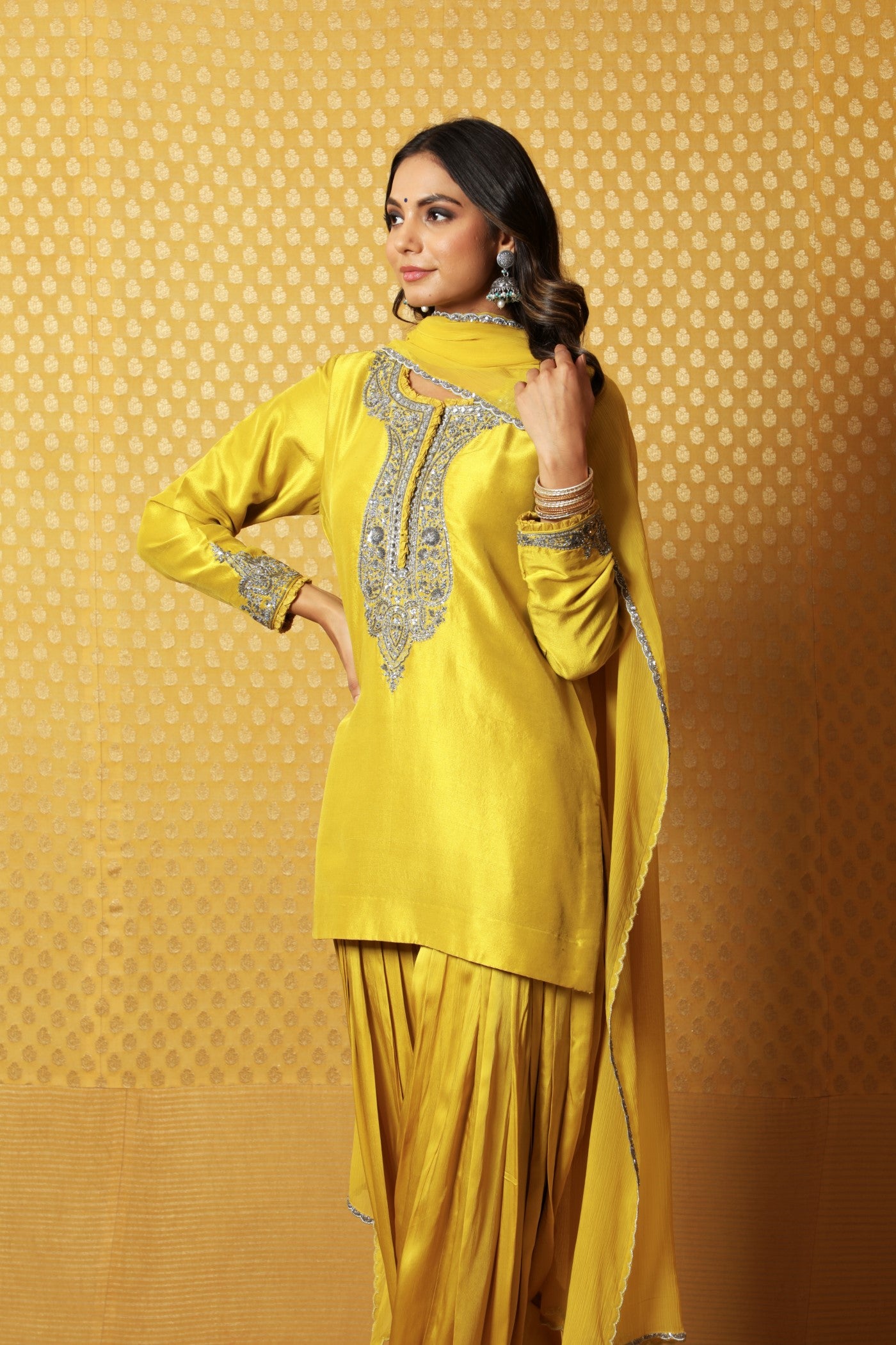 Dusty-Lime Hand-Embroidered Pure Silk Short Kurta-Patiala Salwar Set
