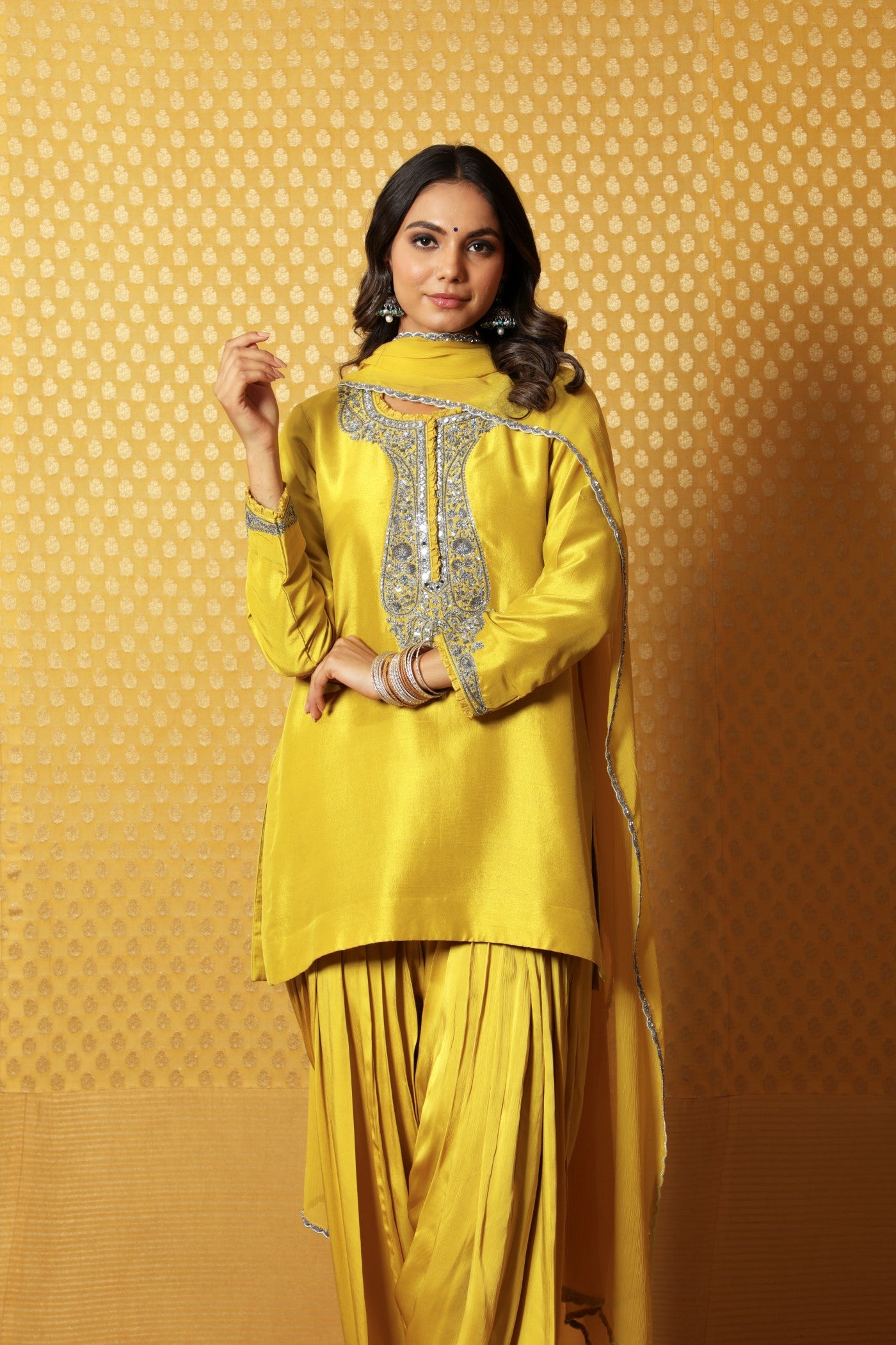 Dusty-Lime Hand-Embroidered Pure Silk Short Kurta-Patiala Salwar Set