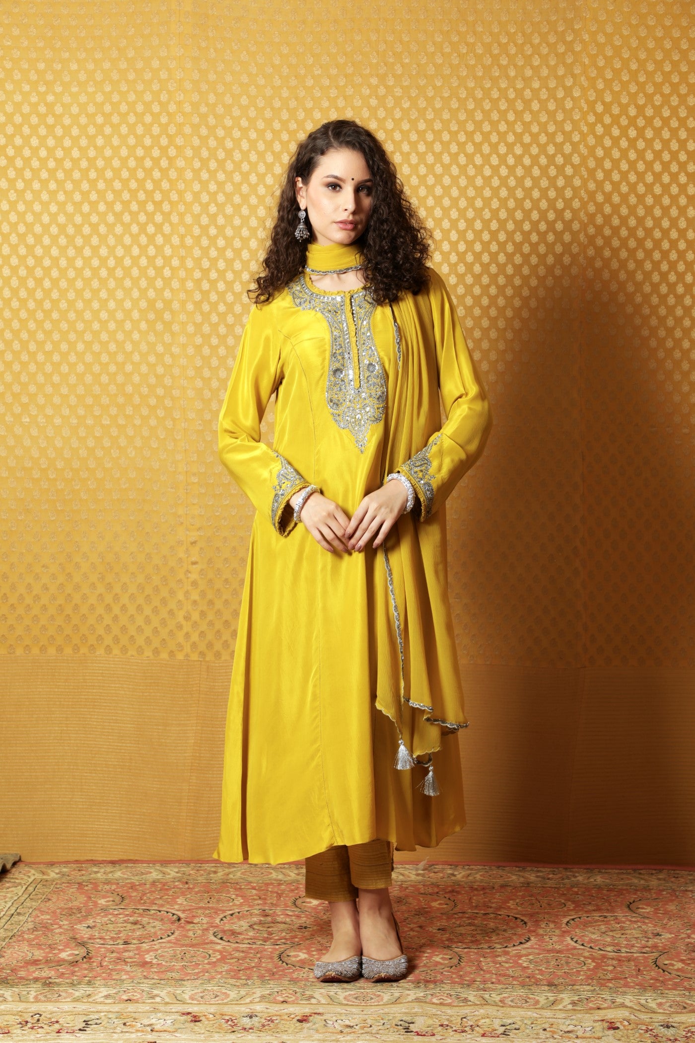 Dusty-Lime Hand-Embroidered Pure Silk Kurta-Pants Set