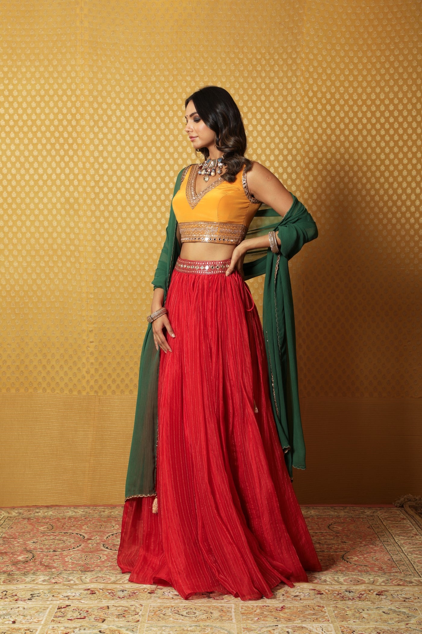 Hand-Embroidered Tomato-Red Striped Pure Silk-Organza Lehenga Paired With Pure Crepe-Silk Blouse & Chiffon Dupatta (Tomato-Red, Mustard & Green)