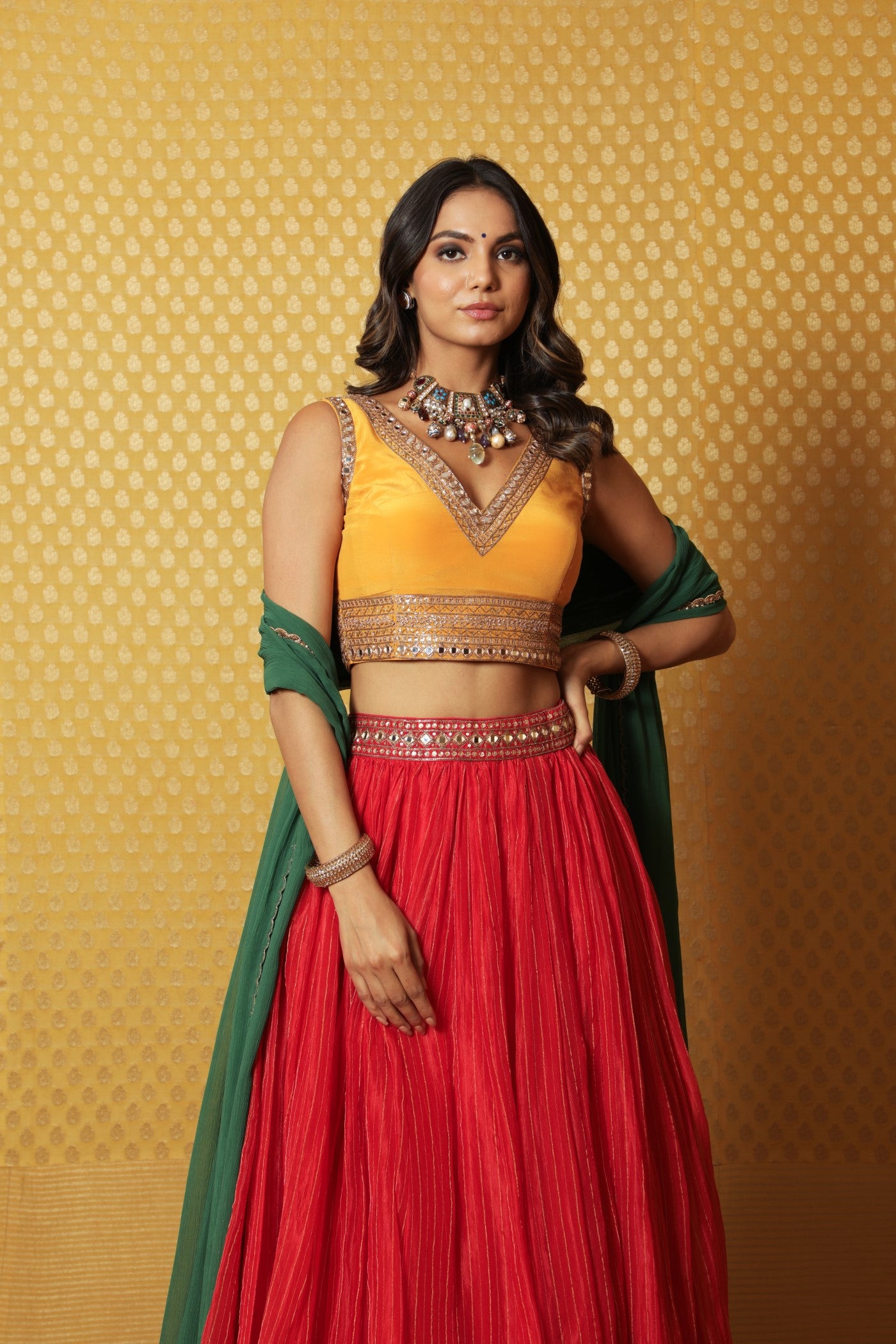 Hand-Embroidered Tomato-Red Striped Pure Silk-Organza Lehenga Paired With Pure Crepe-Silk Blouse & Chiffon Dupatta (Tomato-Red, Mustard & Green)