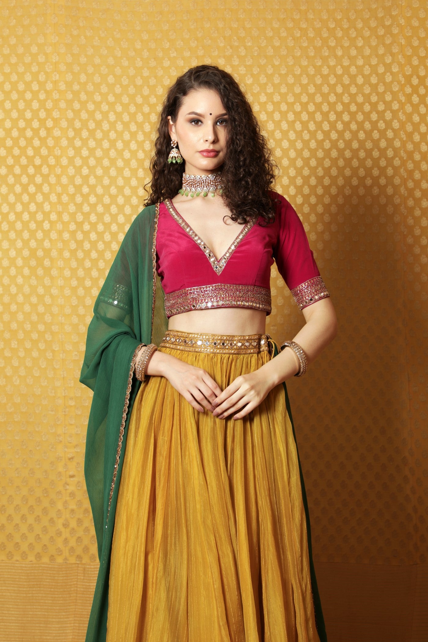 Hand-Embroidered Dusty-Lime Striped Pure Silk-Organza Lehenga Paired With Pure Crepe-Silk Blouse & Chiffon Dupatta (Dusty-Lime, Majenta & Green)
