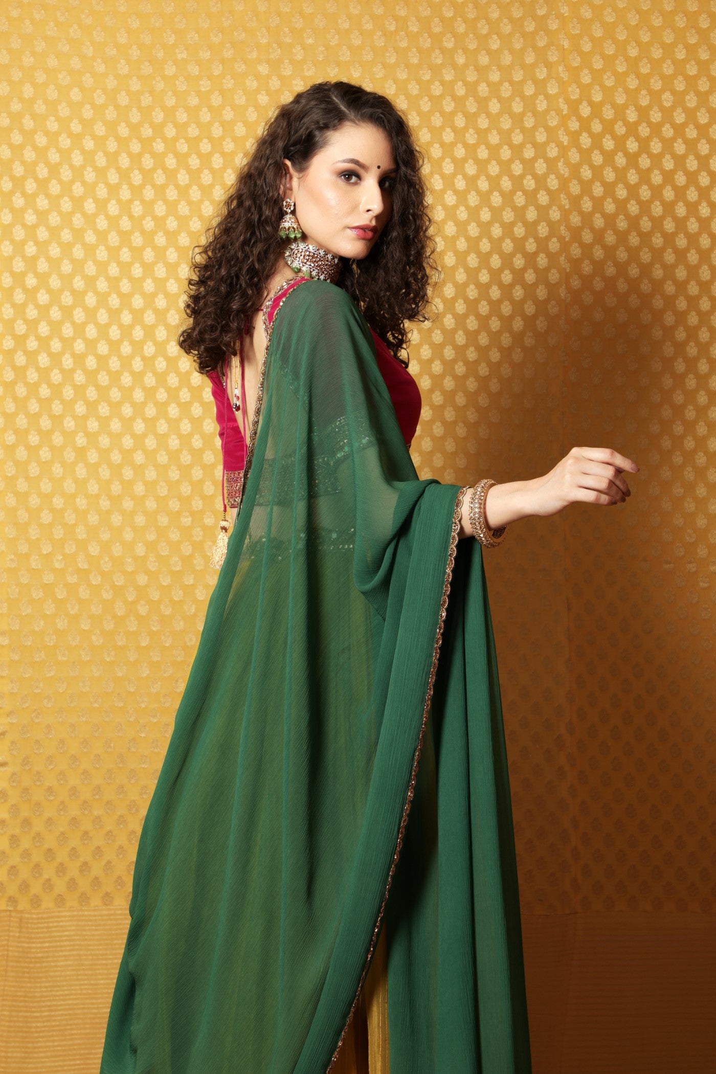 Hand-Embroidered Dusty-Lime Striped Pure Silk-Organza Lehenga Paired With Pure Crepe-Silk Blouse & Chiffon Dupatta (Dusty-Lime, Majenta & Green)