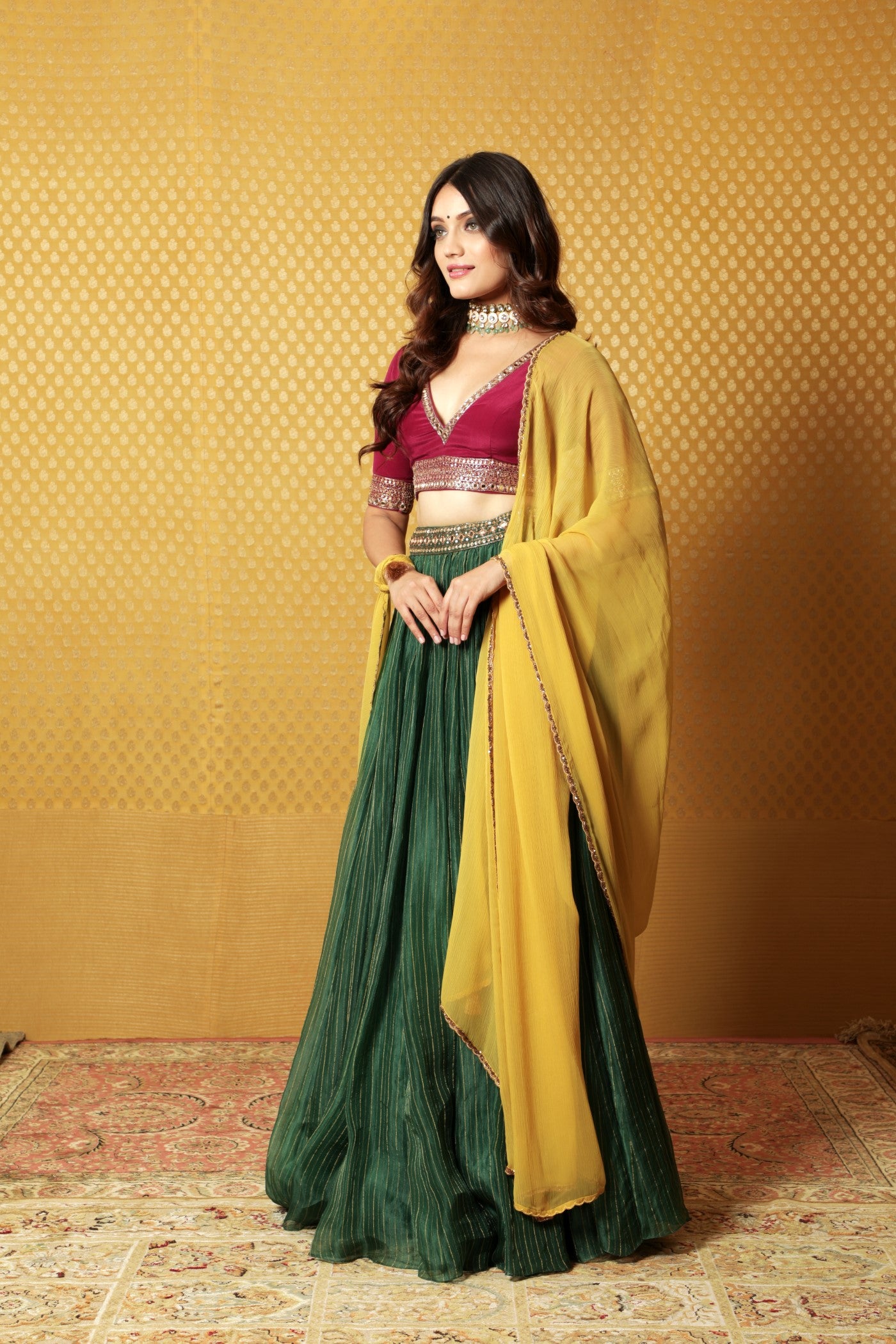 Hand-Embroidered Dark-Green Striped Pure Silk-Organza Lehenga Paired With Pure Crepe-Silk Blouse & Chiffon Dupatta (Dark-Green, Wine & Mustard)