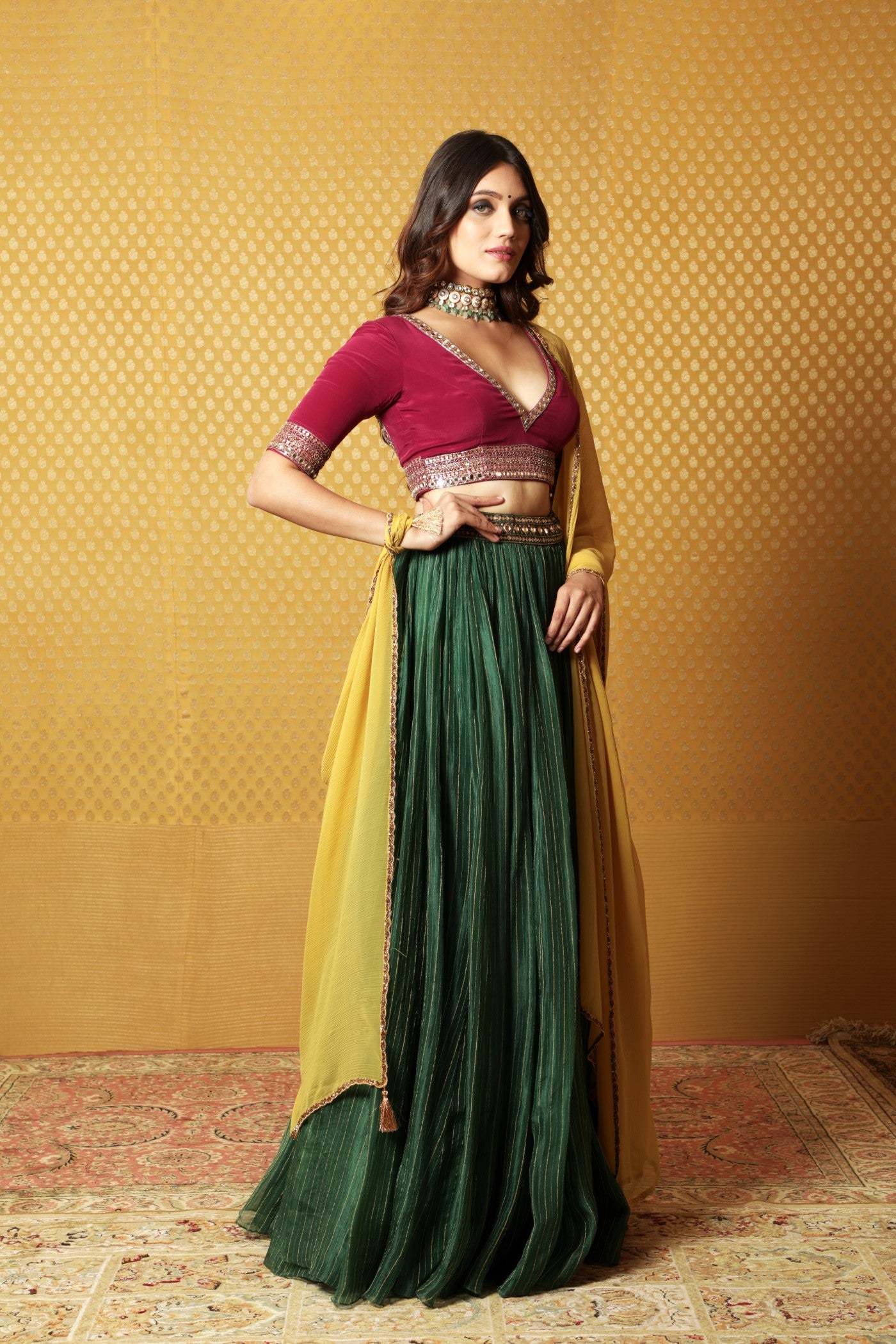 Hand-Embroidered Dark-Green Striped Pure Silk-Organza Lehenga Paired With Pure Crepe-Silk Blouse & Chiffon Dupatta (Dark-Green, Wine & Mustard)