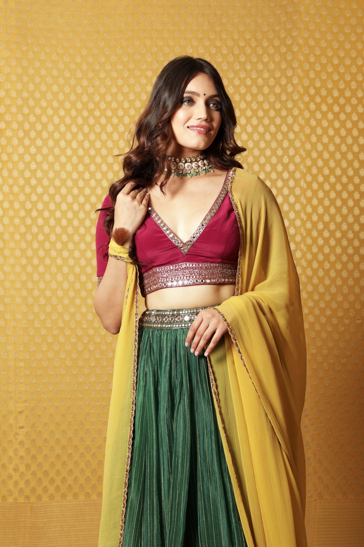 Hand-Embroidered Dark-Green Striped Pure Silk-Organza Lehenga Paired With Pure Crepe-Silk Blouse & Chiffon Dupatta (Dark-Green, Wine & Mustard)