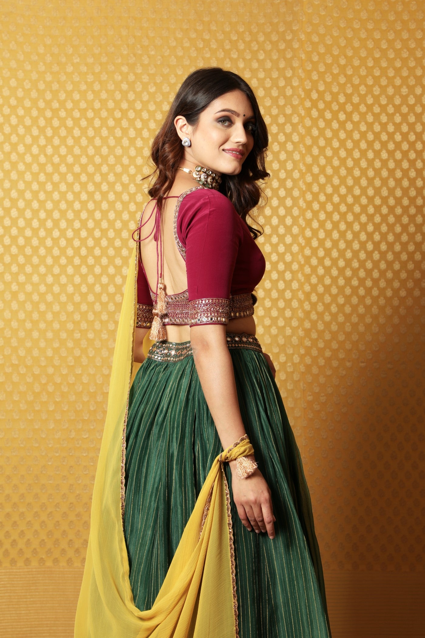 Hand-Embroidered Dark-Green Striped Pure Silk-Organza Lehenga Paired With Pure Crepe-Silk Blouse & Chiffon Dupatta (Dark-Green, Wine & Mustard)