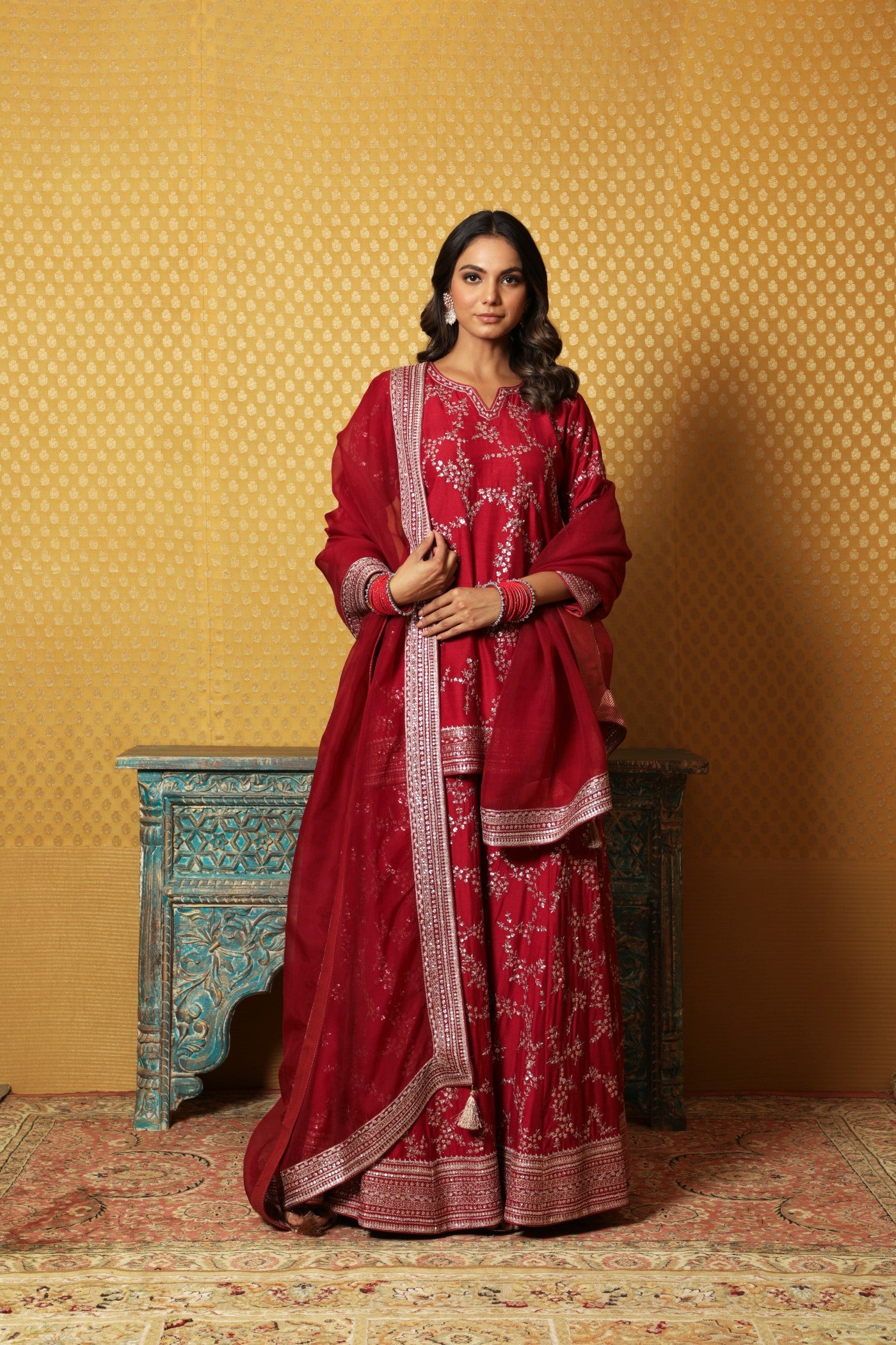 Hand-Embroidered Maroon Pure Muga-Silk Short-Kurta-Sharara Set