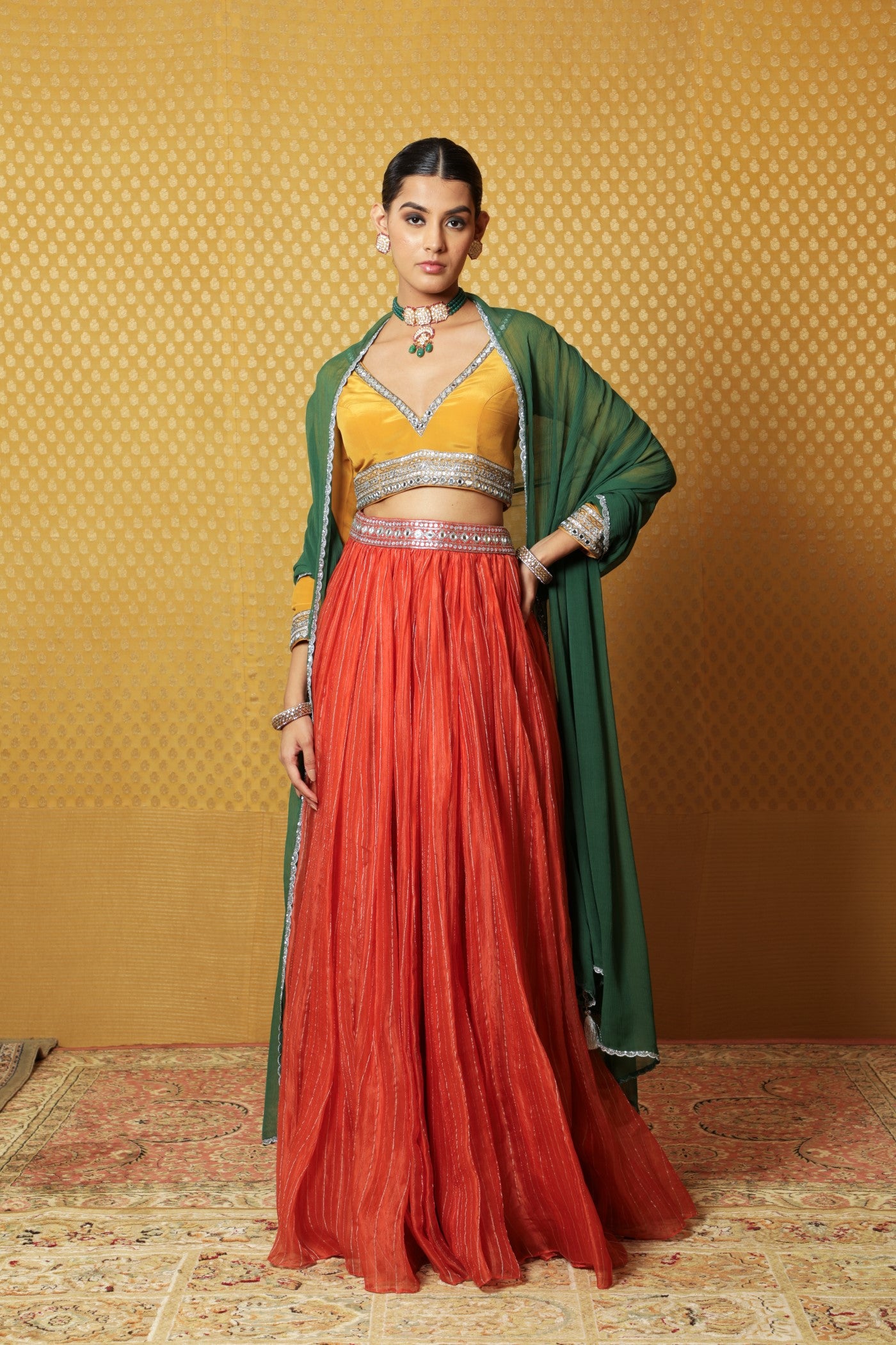 Hand-Embroidered Burnt-Orange Striped Pure Silk-Organza Lehenga Paired With Pure Crepe-Silk Blouse & Chiffon Dupatta (Burnt-Orange, Mustard & Green)