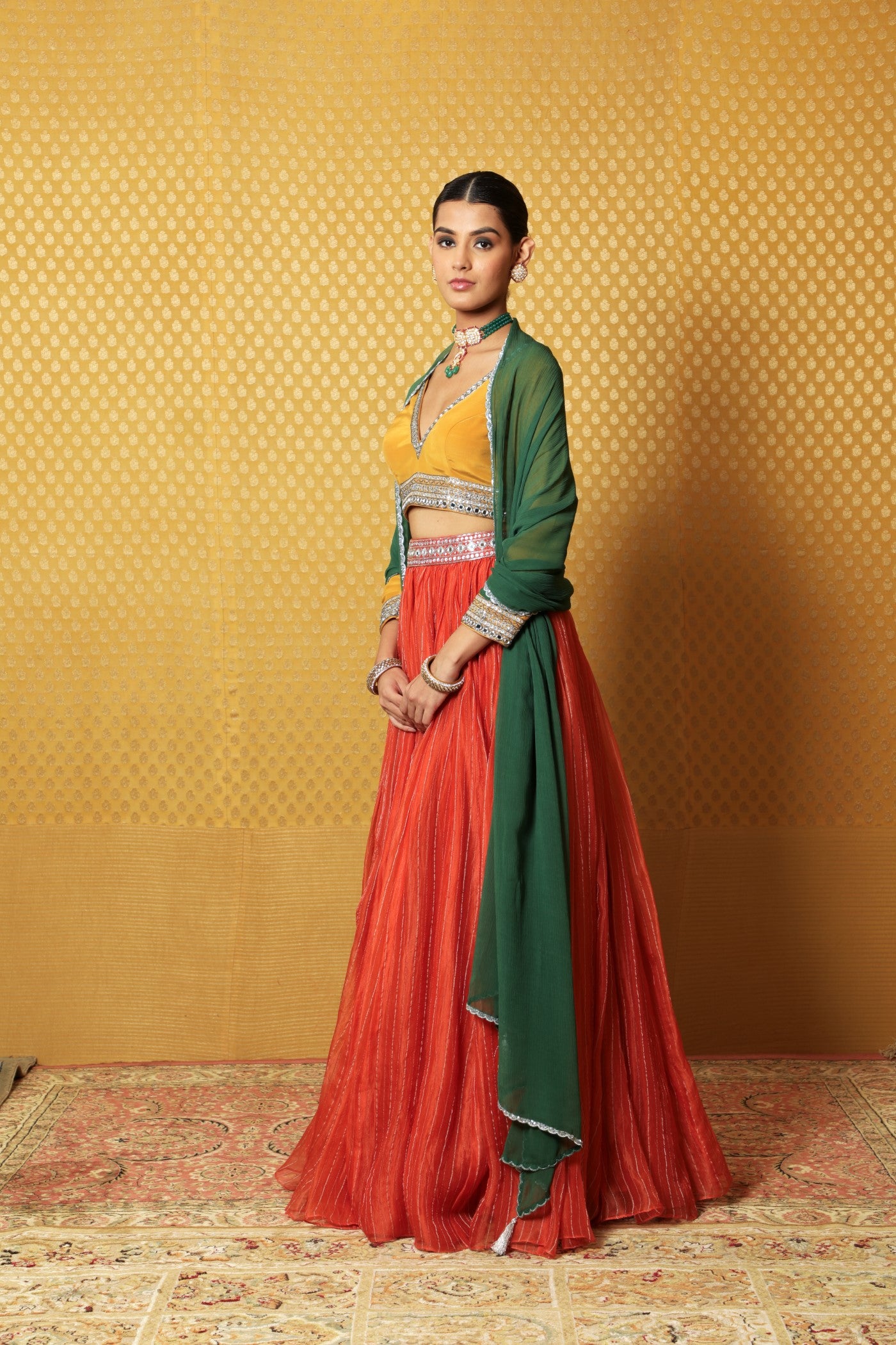 Hand-Embroidered Burnt-Orange Striped Pure Silk-Organza Lehenga Paired With Pure Crepe-Silk Blouse & Chiffon Dupatta (Burnt-Orange, Mustard & Green)