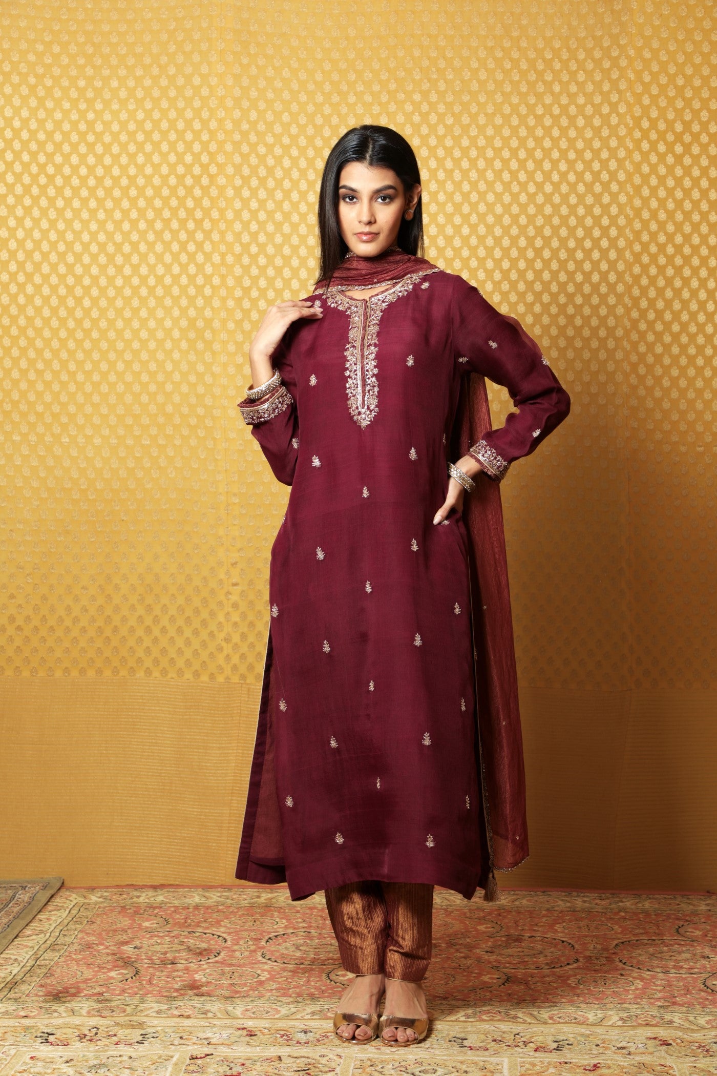 Hand-Embroidered Deep-Wine Pure Katan- Silk Kurta-Pants Set