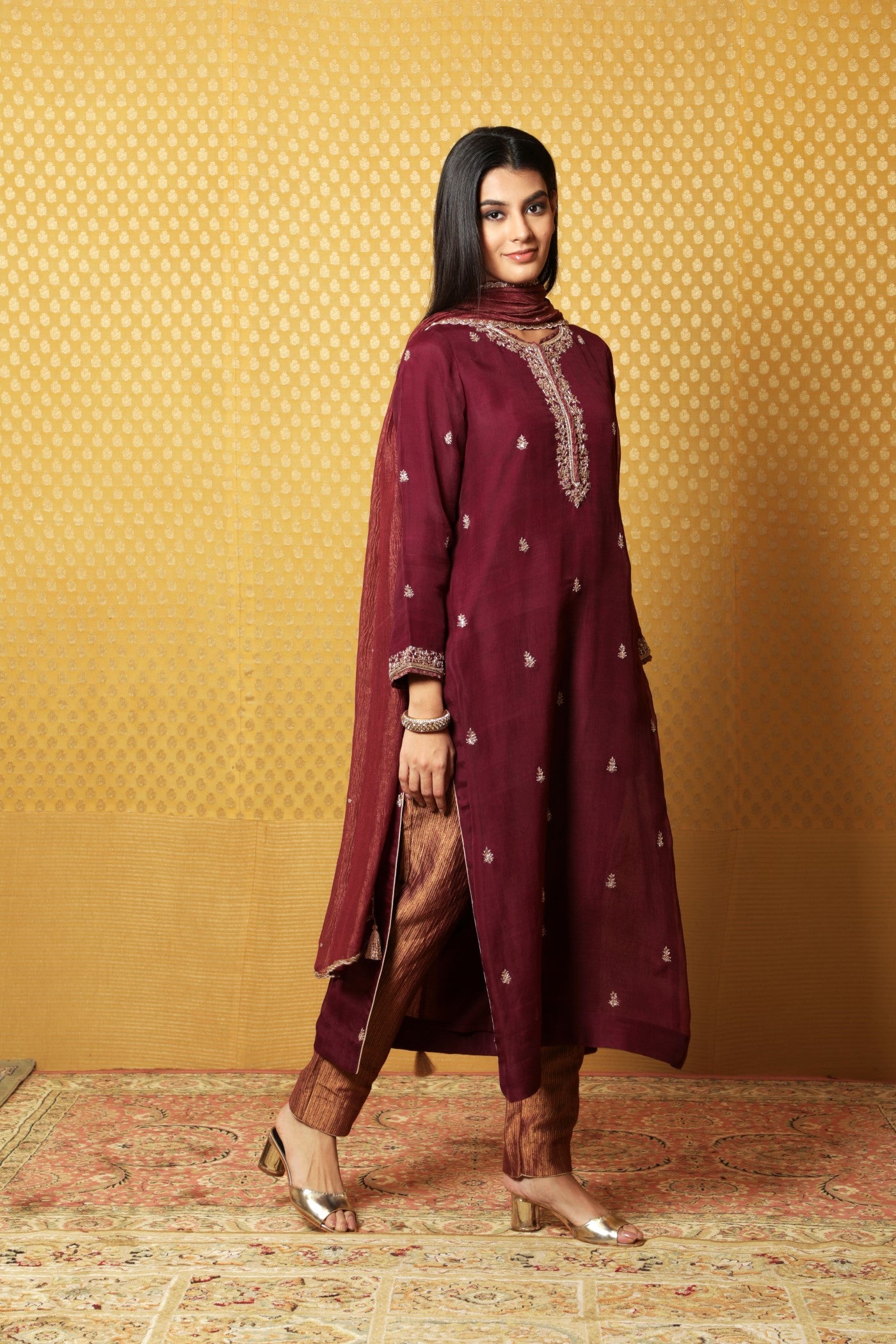 Hand-Embroidered Deep-Wine Pure Katan- Silk Kurta-Pants Set