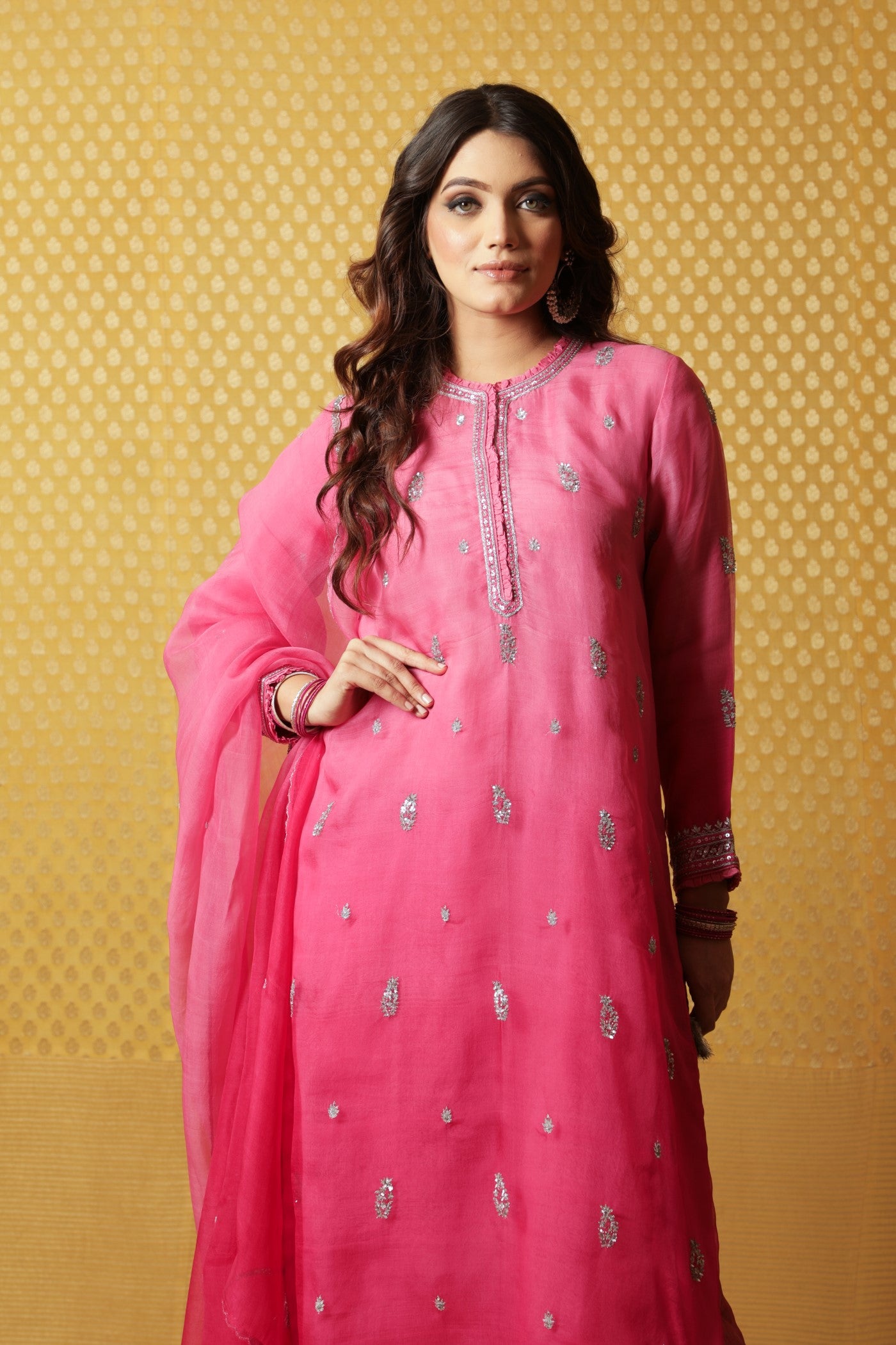 Hand-Embroidered Ombre Fuchsia-Pink Pure Katan-Silk Kurta-Pants Set