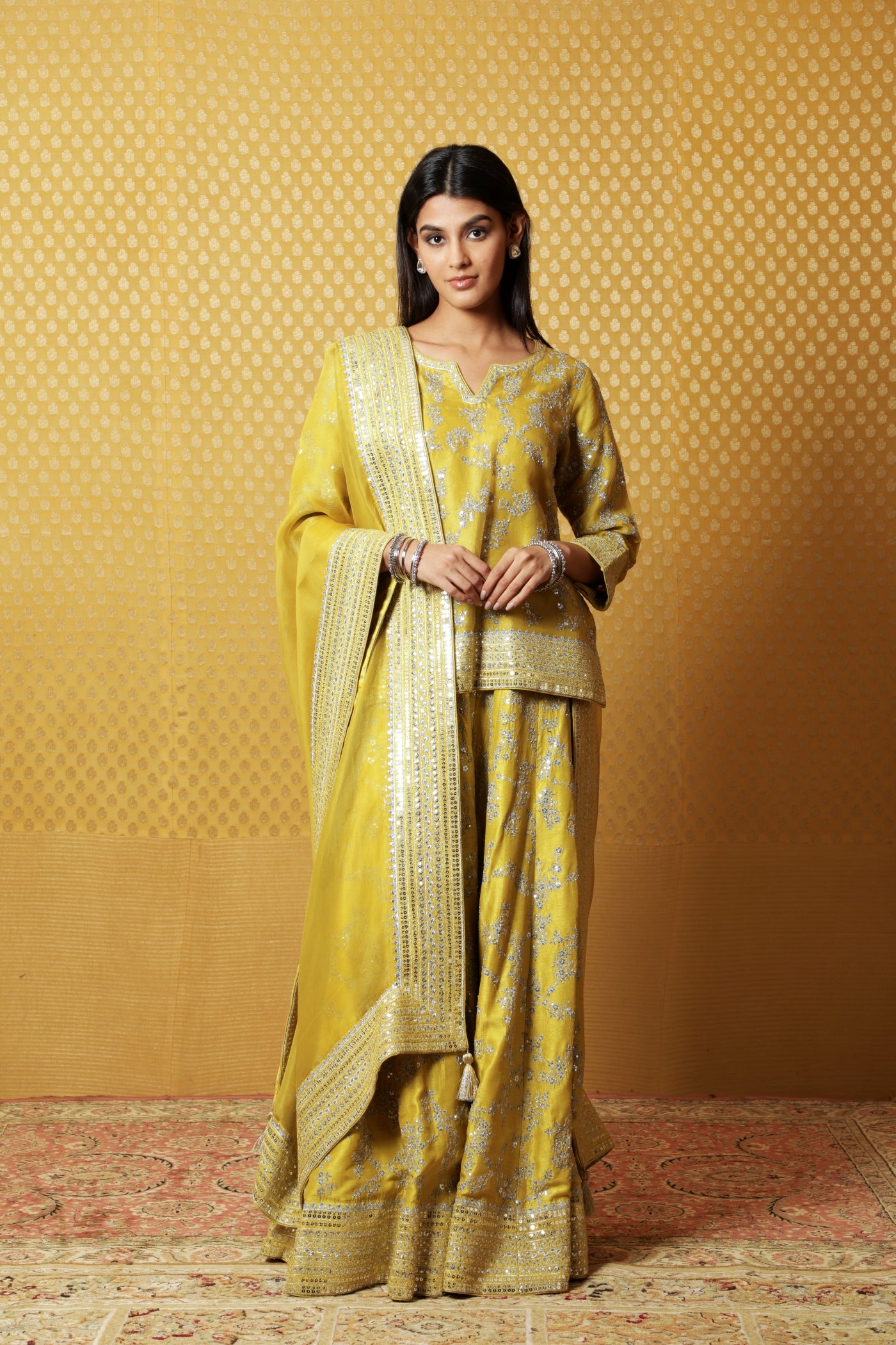 Lime-Green Embroidered Pure Silk-Organza Short-Kurta-Sharara Set