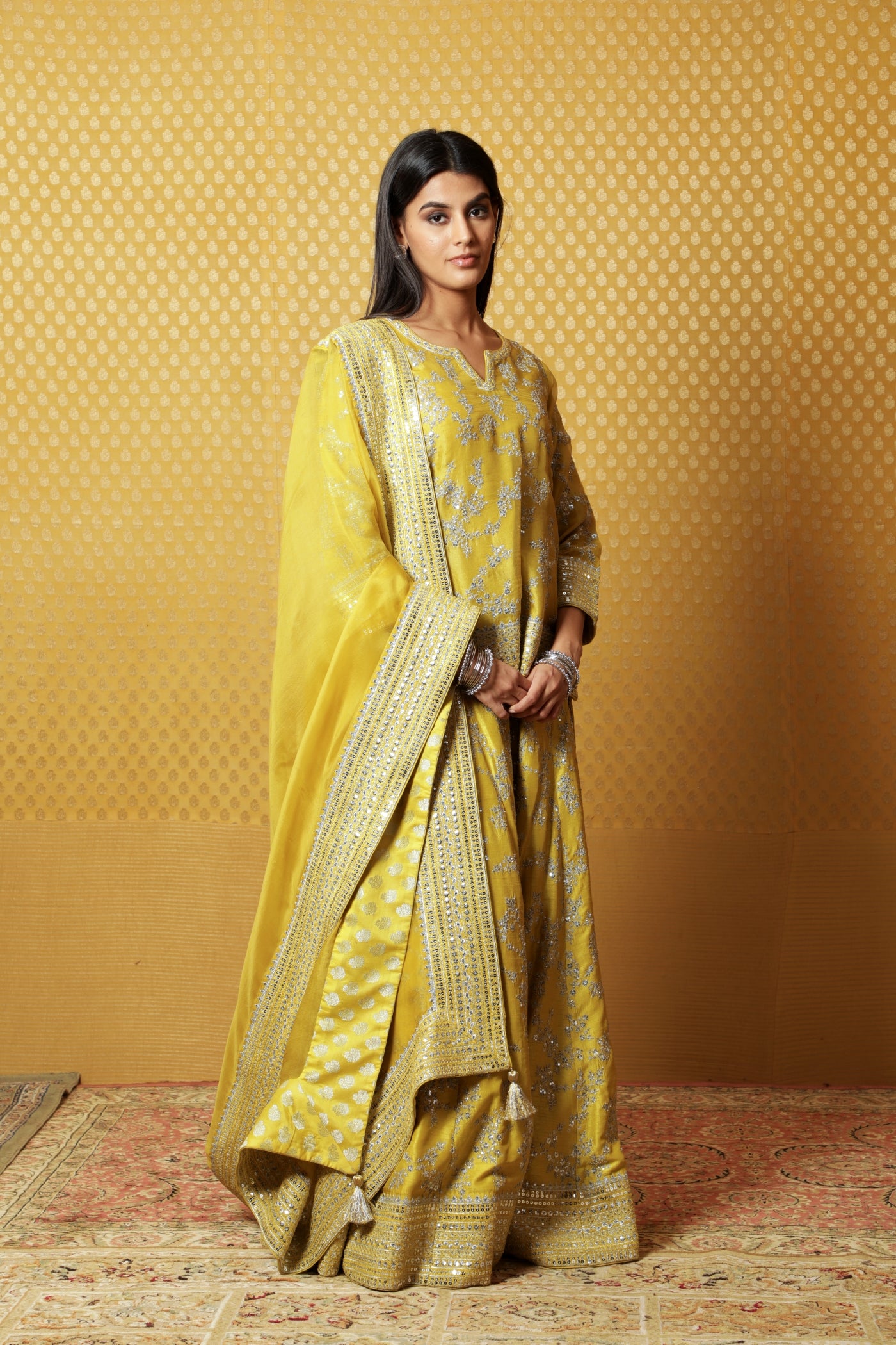 Lime-Green Embroidered Pure Silk-Organza Short-Kurta-Sharara Set