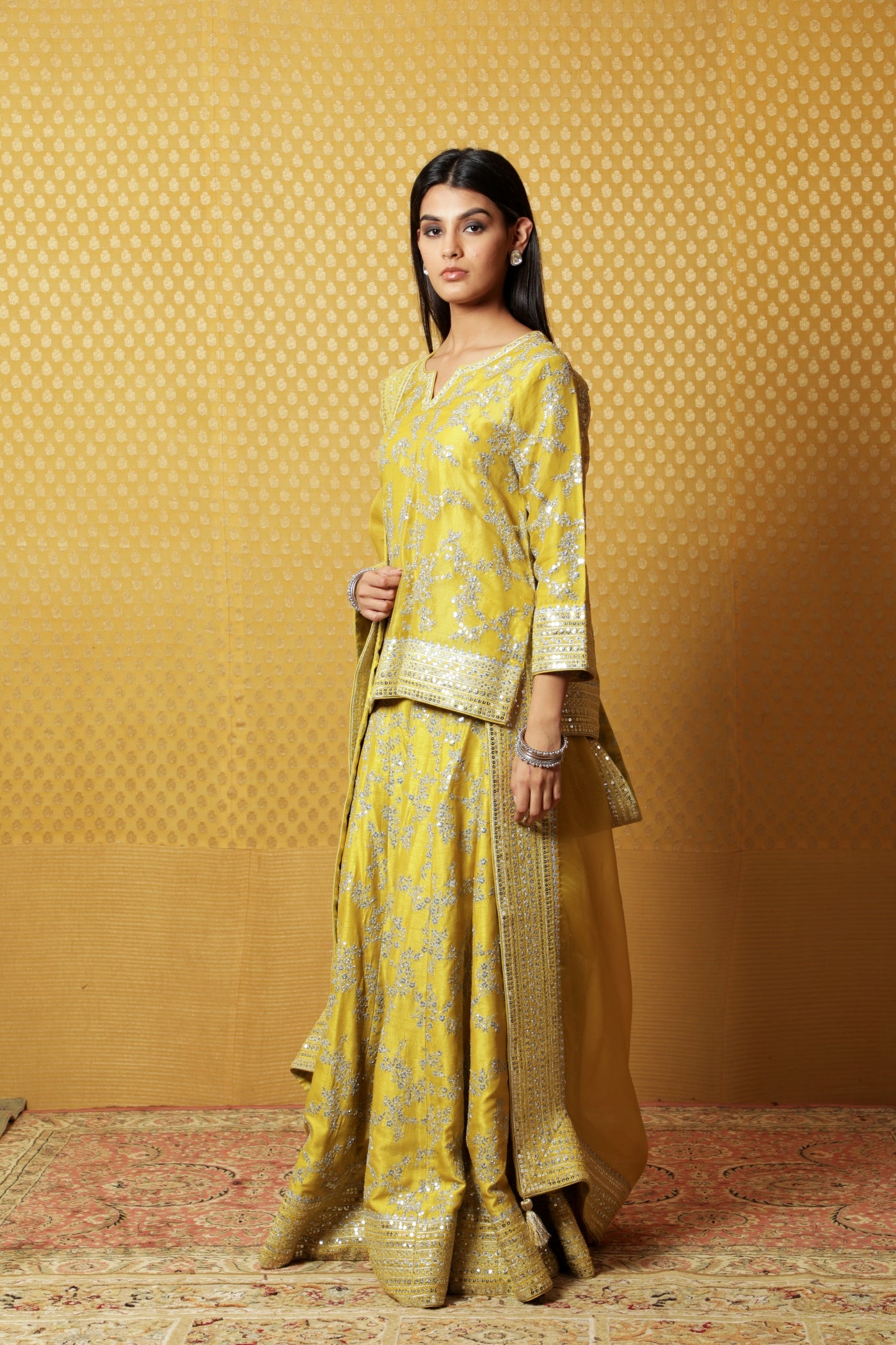 Lime-Green Embroidered Pure Silk-Organza Short-Kurta-Sharara Set