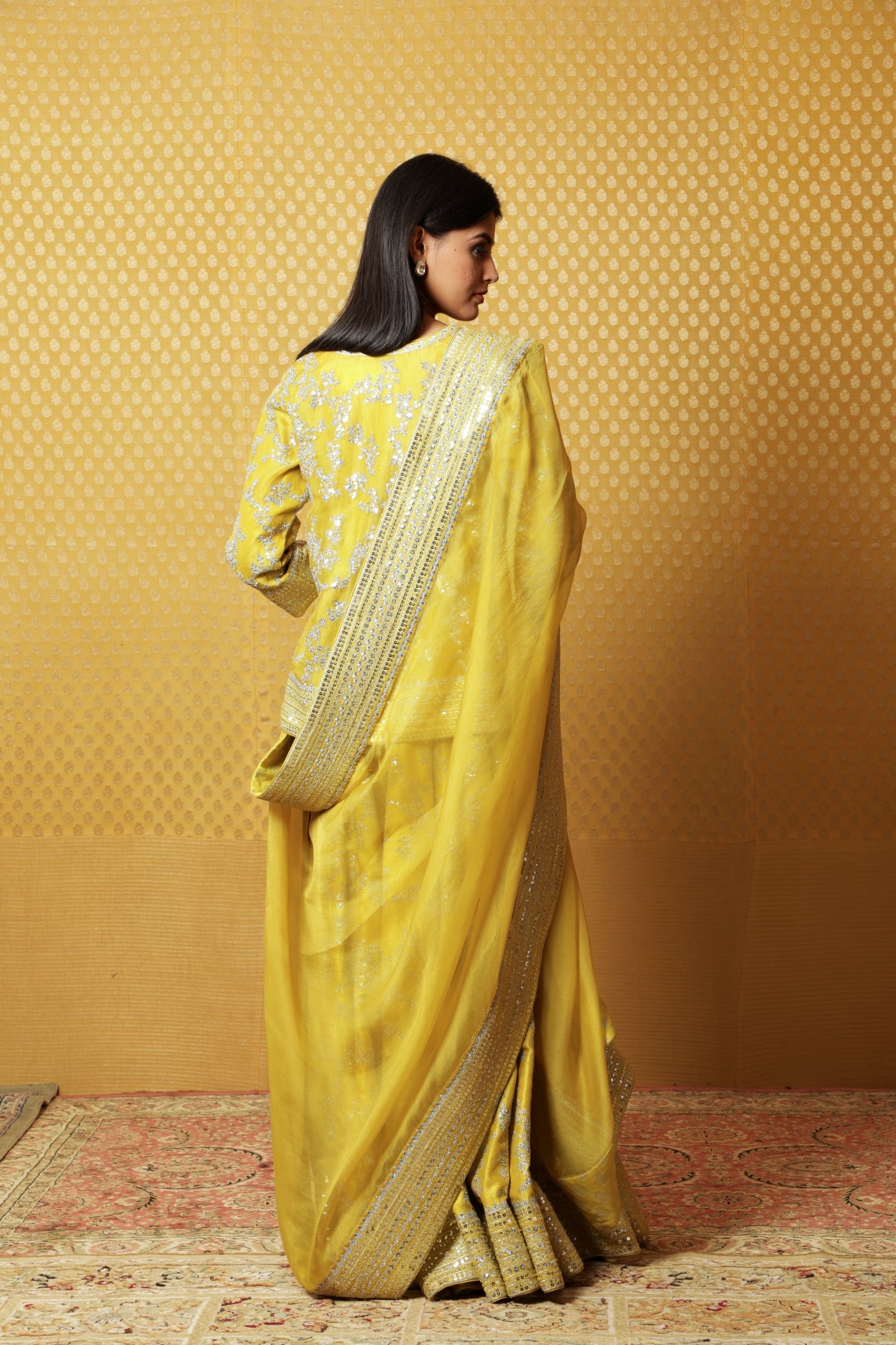 Lime-Green Embroidered Pure Silk-Organza Short-Kurta-Sharara Set