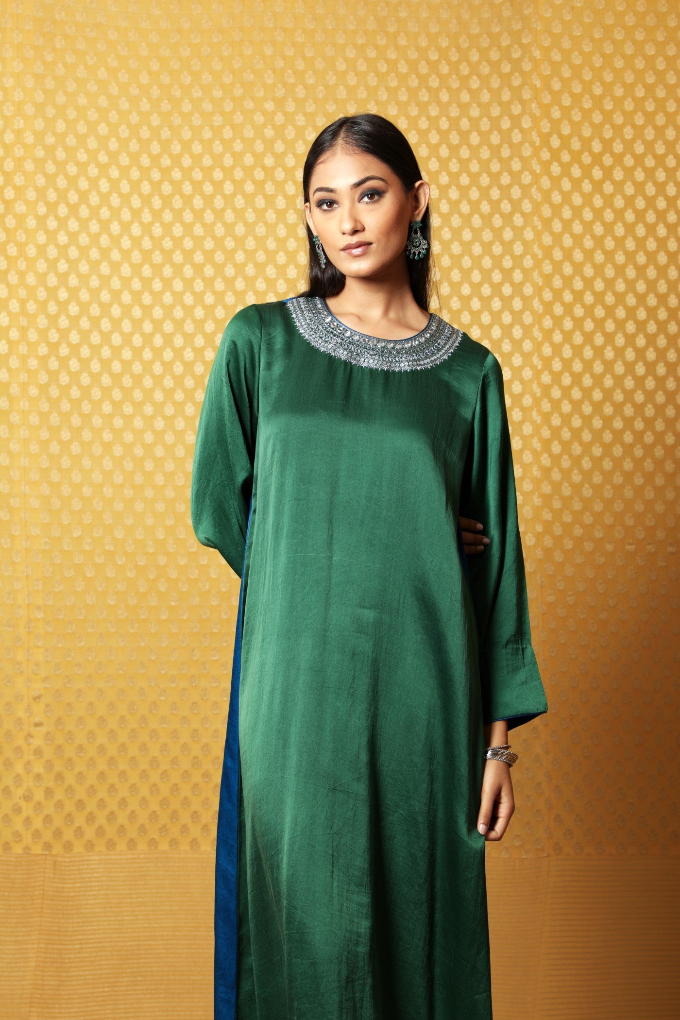 Royal-Blue & Bottle-Green Hand- Embroidered Handloom Pure Mashru Long Dress