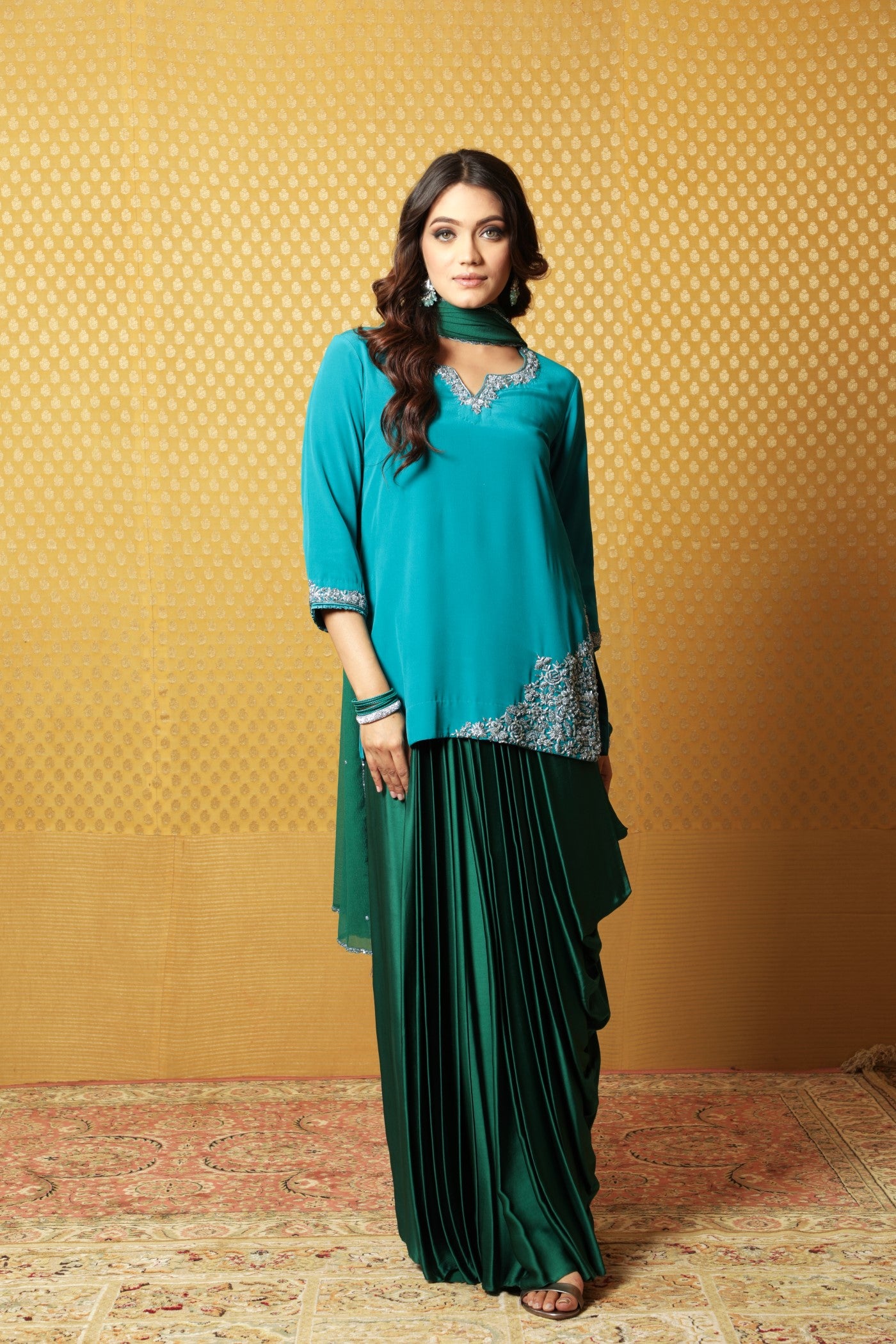 Hand-Embroidered Enamel-Blue Pure Crepe-Silk Short Kurta-Draped Skirt Set