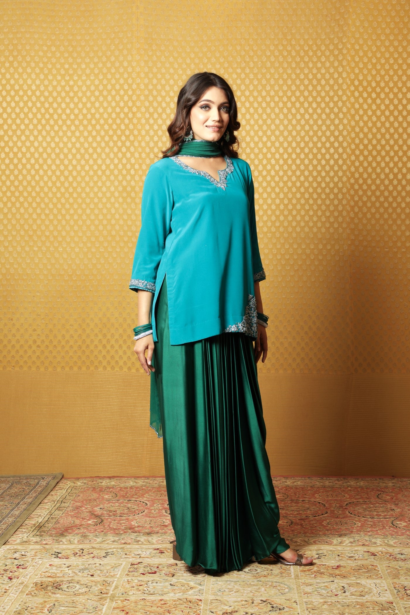 Hand-Embroidered Enamel-Blue Pure Crepe-Silk Short Kurta-Draped Skirt Set