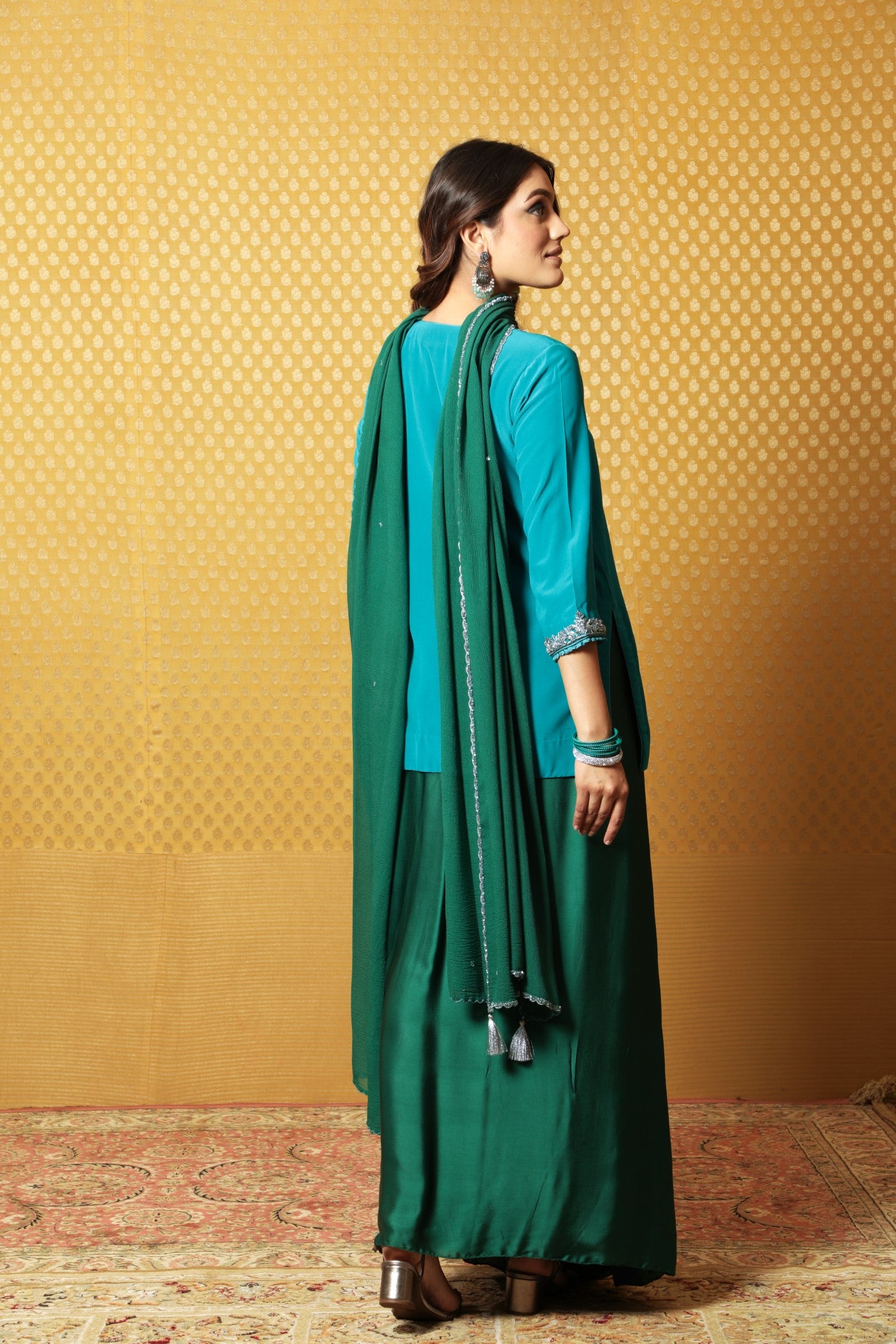 Hand-Embroidered Enamel-Blue Pure Crepe-Silk Short Kurta-Draped Skirt Set