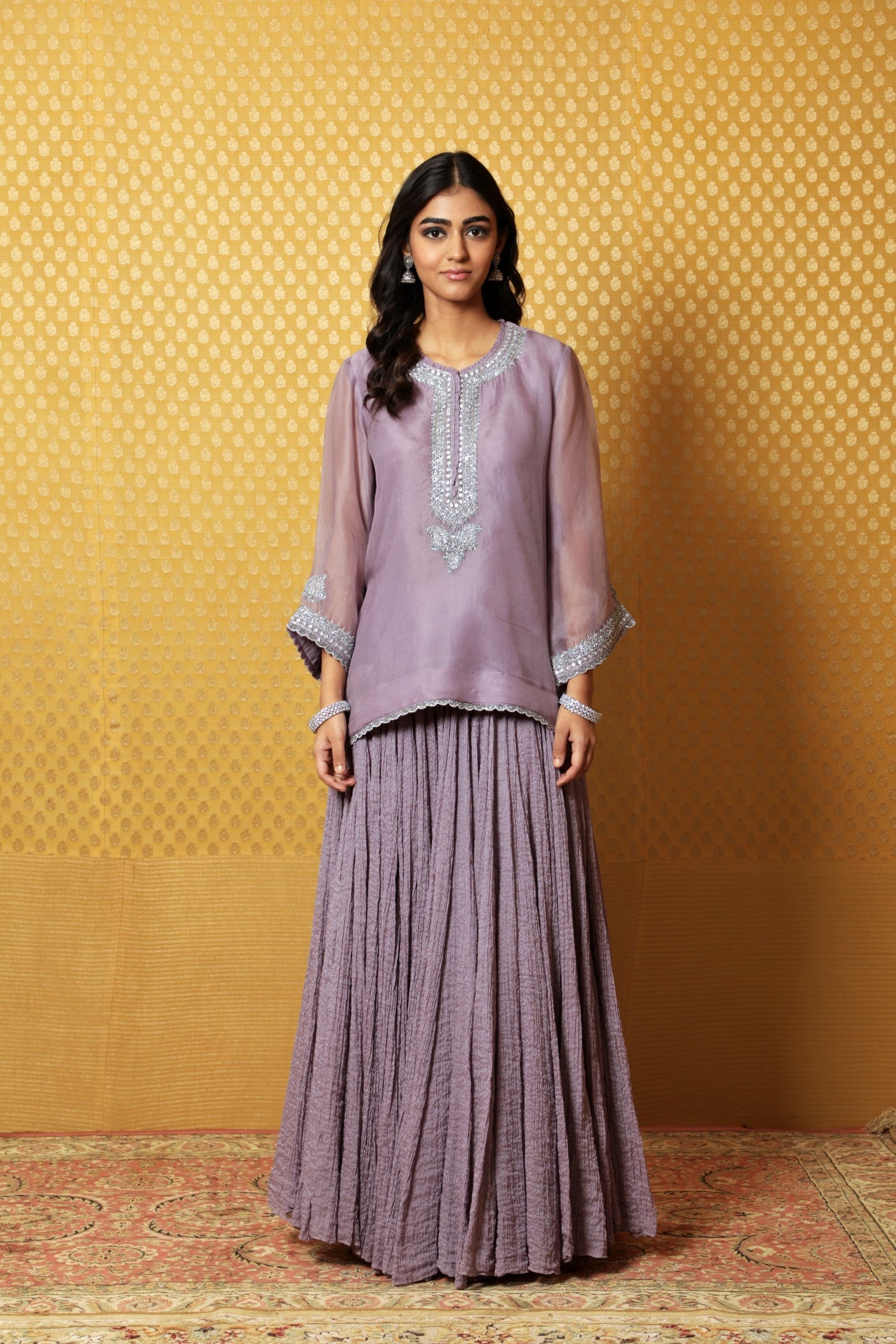 Hand-Embroidered Lavender Pure Silk- Organza Kurta-Lehenga Set