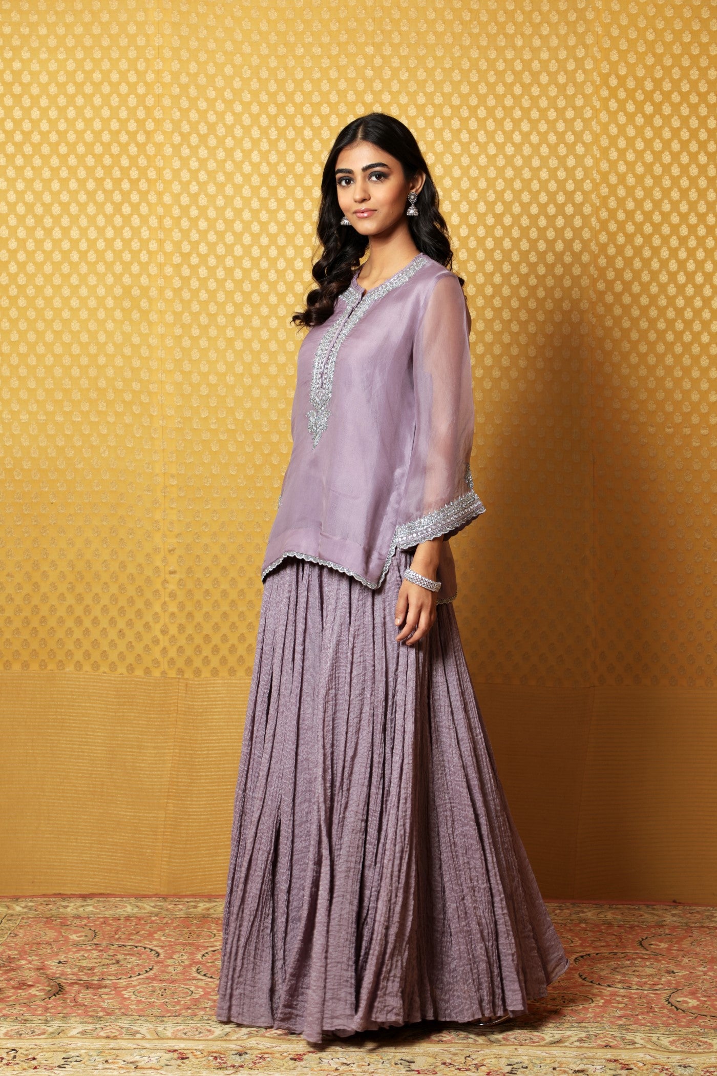 Hand-Embroidered Lavender Pure Silk- Organza Kurta-Lehenga Set