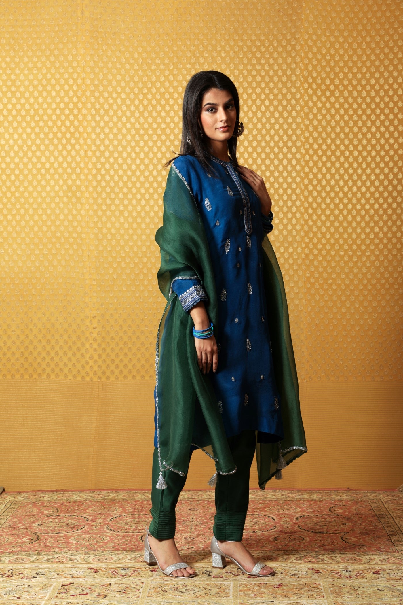 Hand-Embroidered Royal-Blue Pure Katan- Silk Kurta-Pants Set