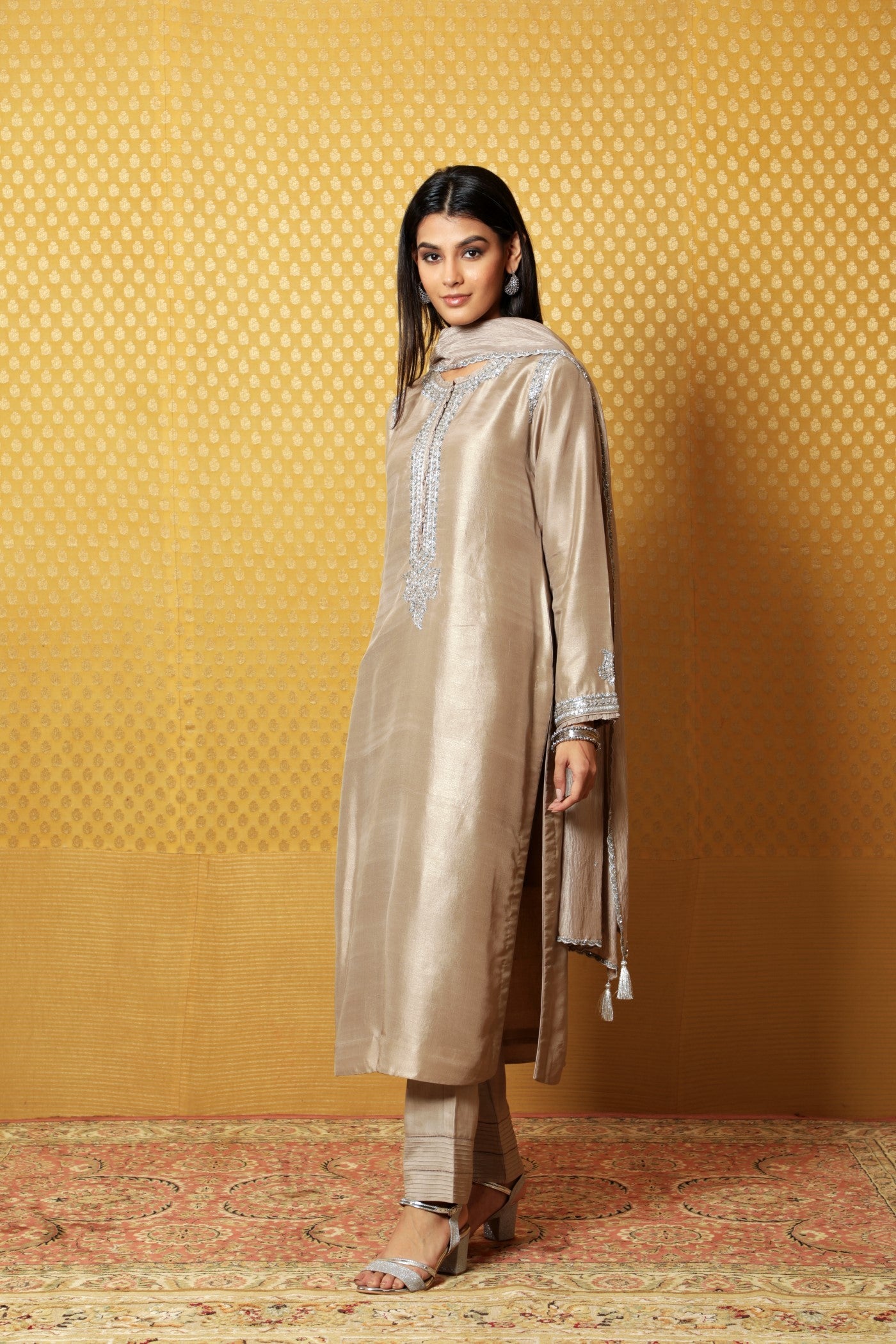 Hand-Embroidered Beige-Grey Pure Metallic-Silk Kurta-Pants Set