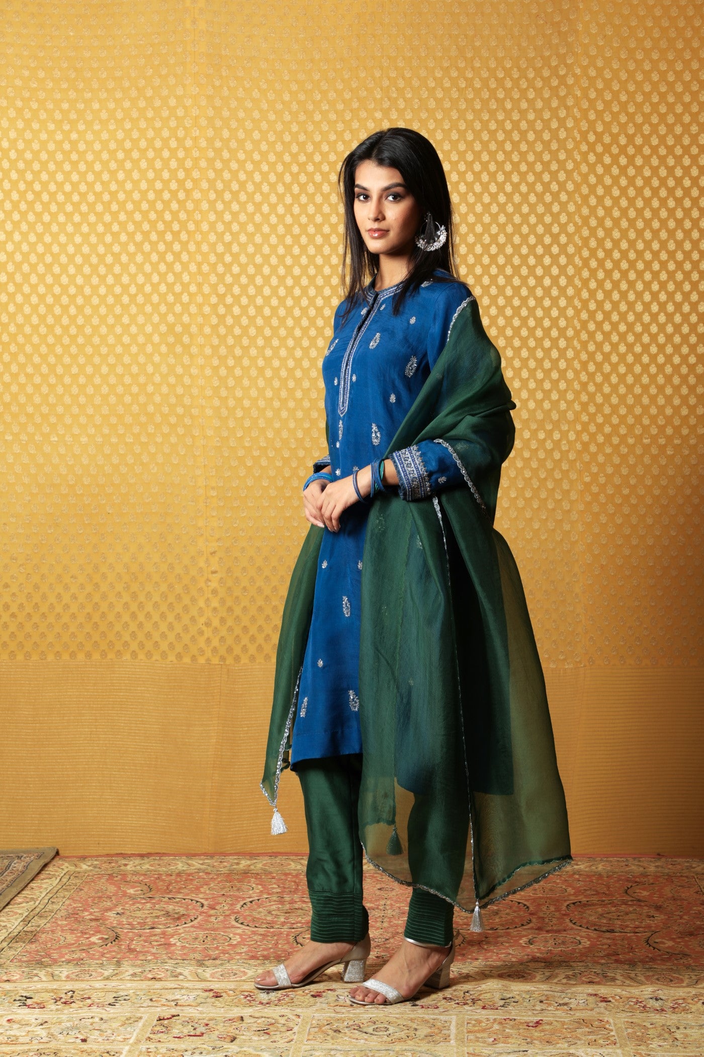 Hand-Embroidered Royal-Blue Pure Katan- Silk Kurta-Pants Set