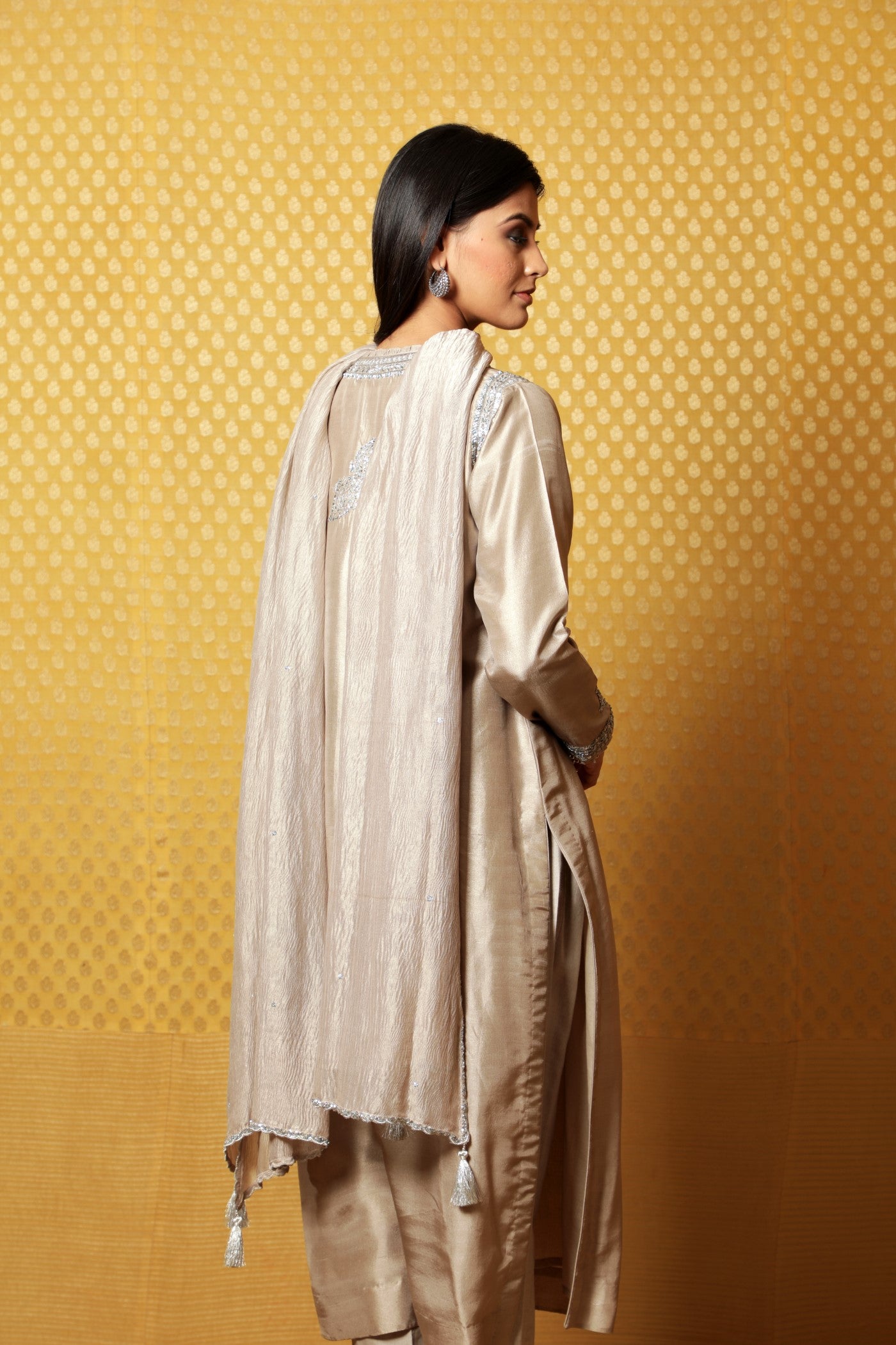 Hand-Embroidered Beige-Grey Pure Metallic-Silk Kurta-Pants Set