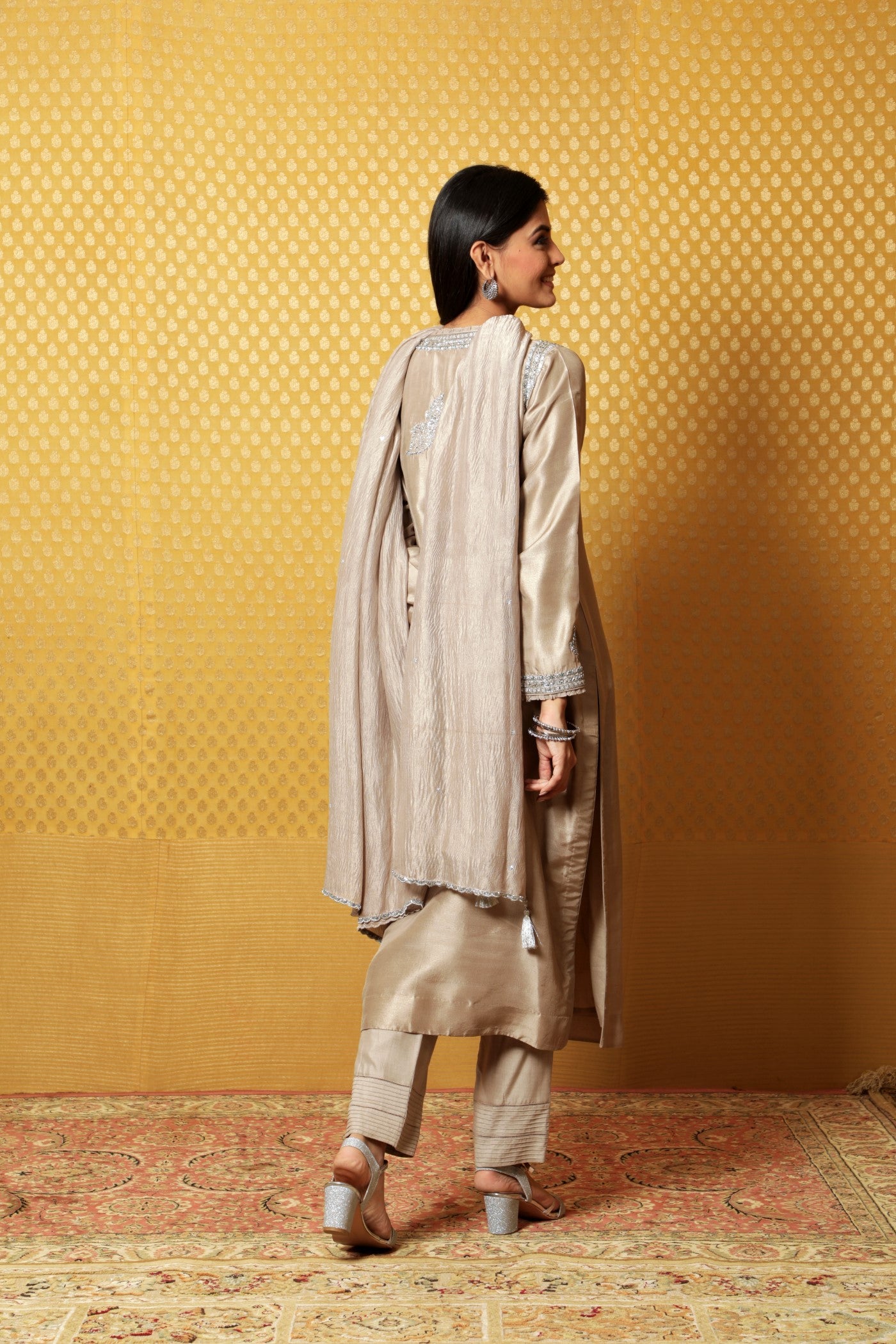 Hand-Embroidered Beige-Grey Pure Metallic-Silk Kurta-Pants Set