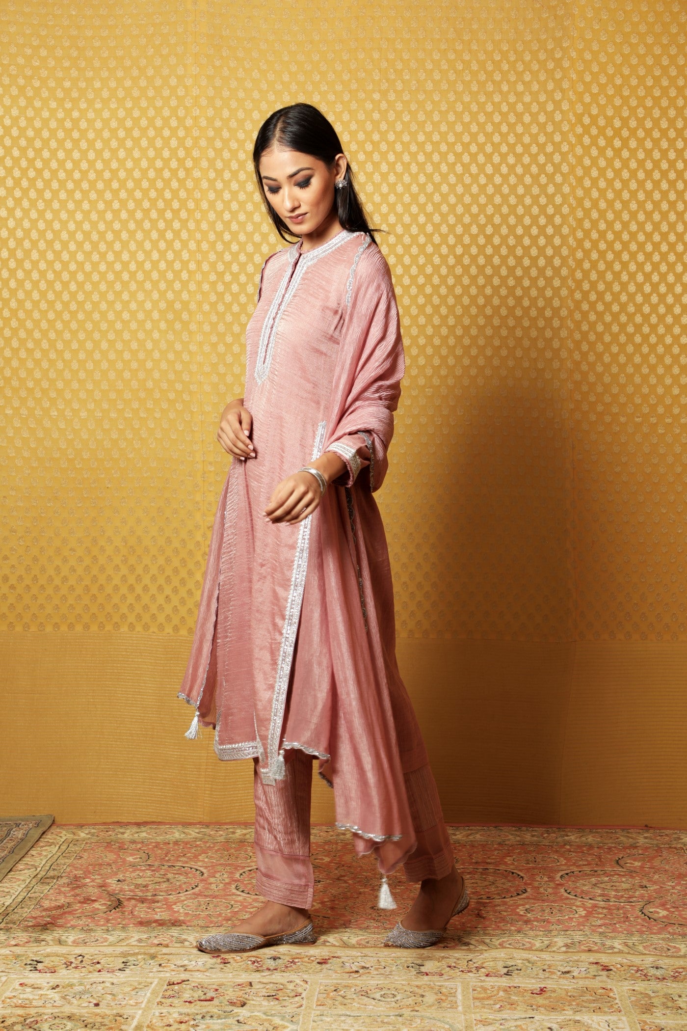 Hand-Embroidered Old-Rose Pure Silk- Cotton (Metallic) Kurta-Pants Set