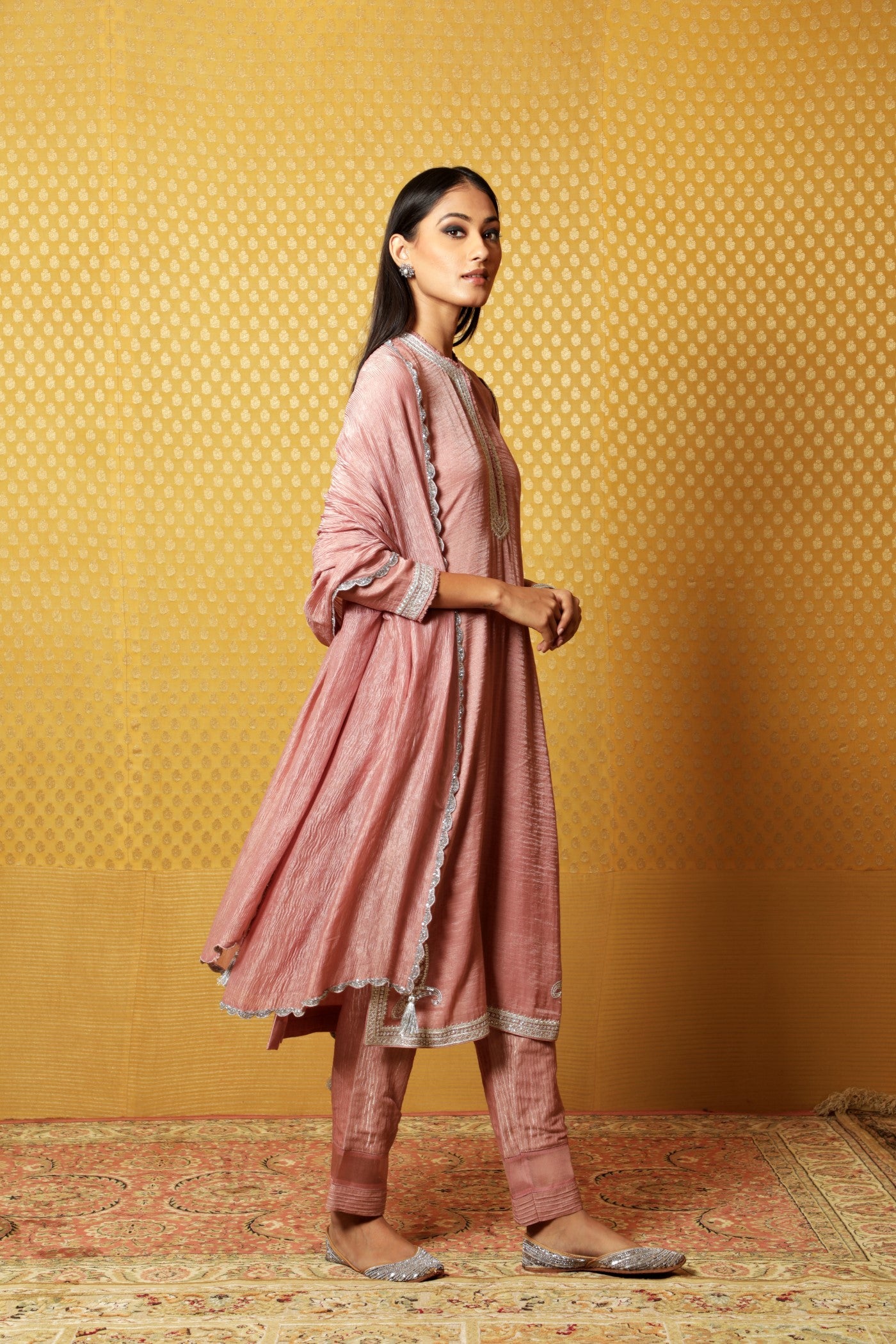 Hand-Embroidered Old-Rose Pure Silk- Cotton (Metallic) Kurta-Pants Set