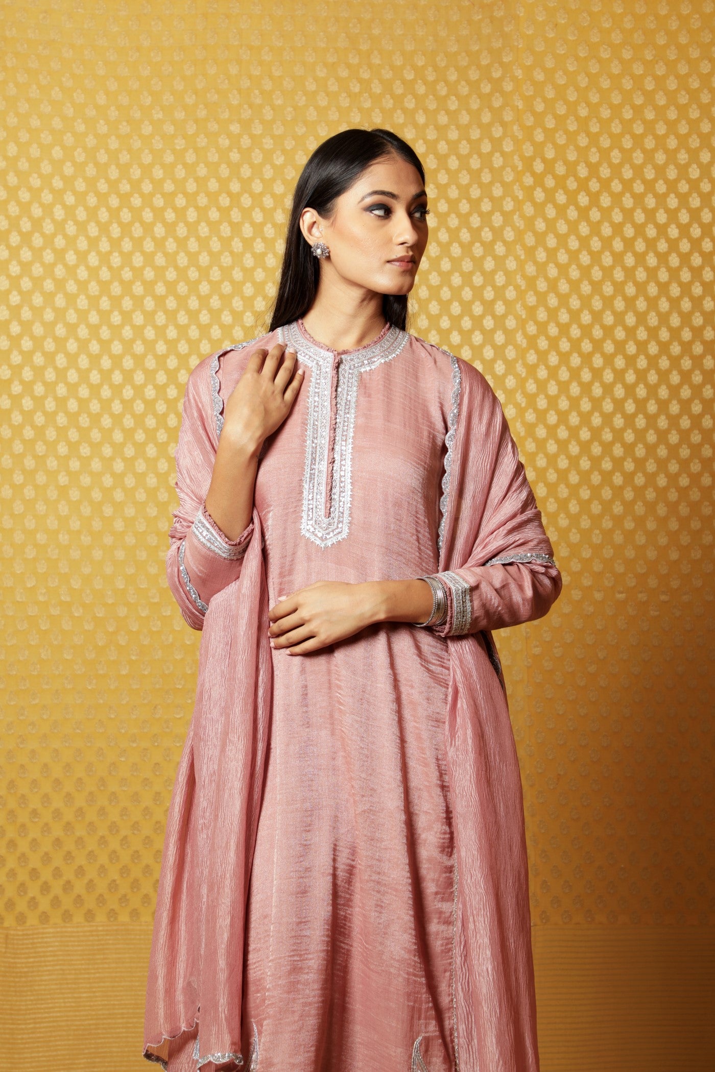 Hand-Embroidered Old-Rose Pure Silk- Cotton (Metallic) Kurta-Pants Set