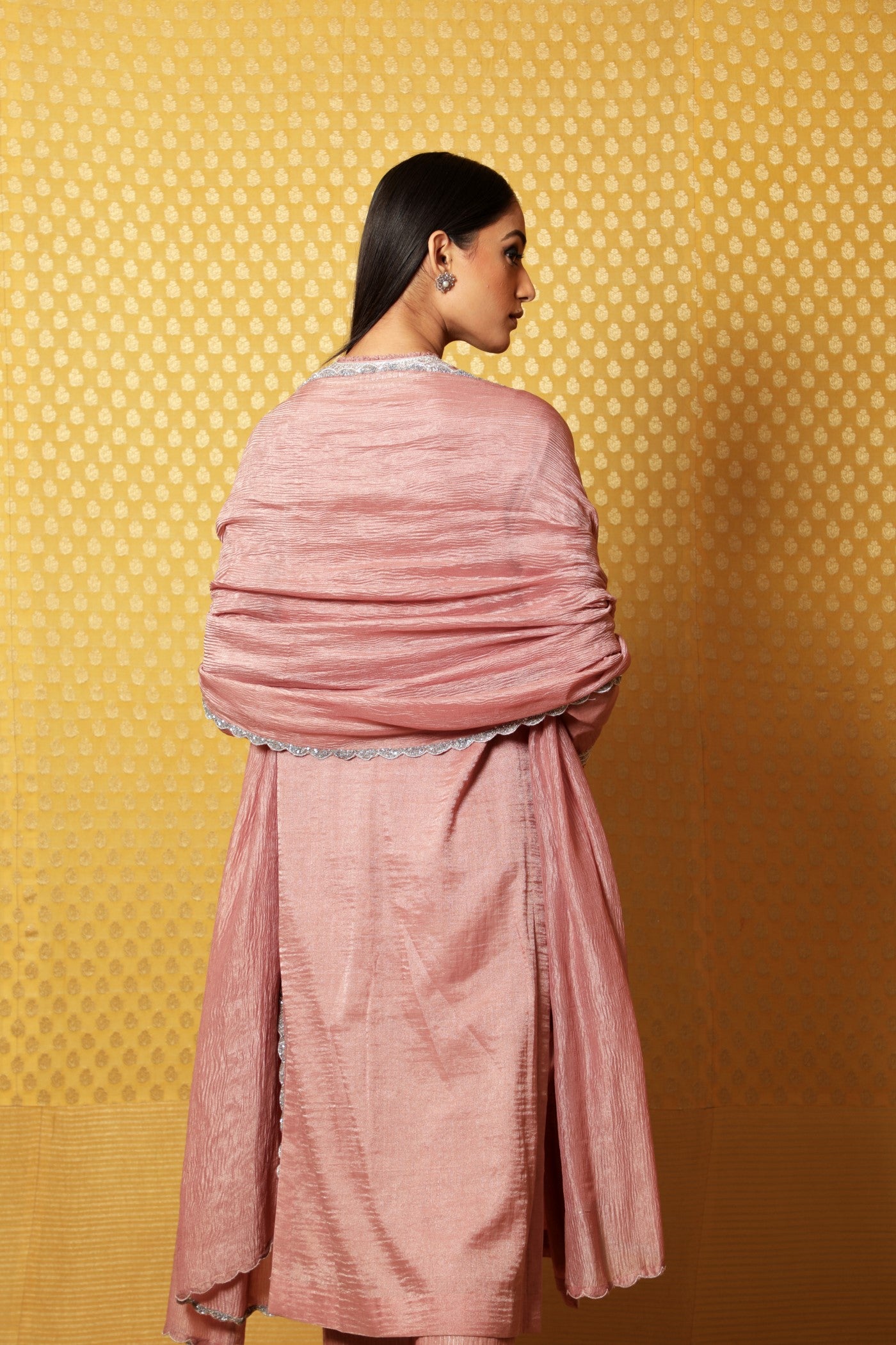 Hand-Embroidered Old-Rose Pure Silk- Cotton (Metallic) Kurta-Pants Set