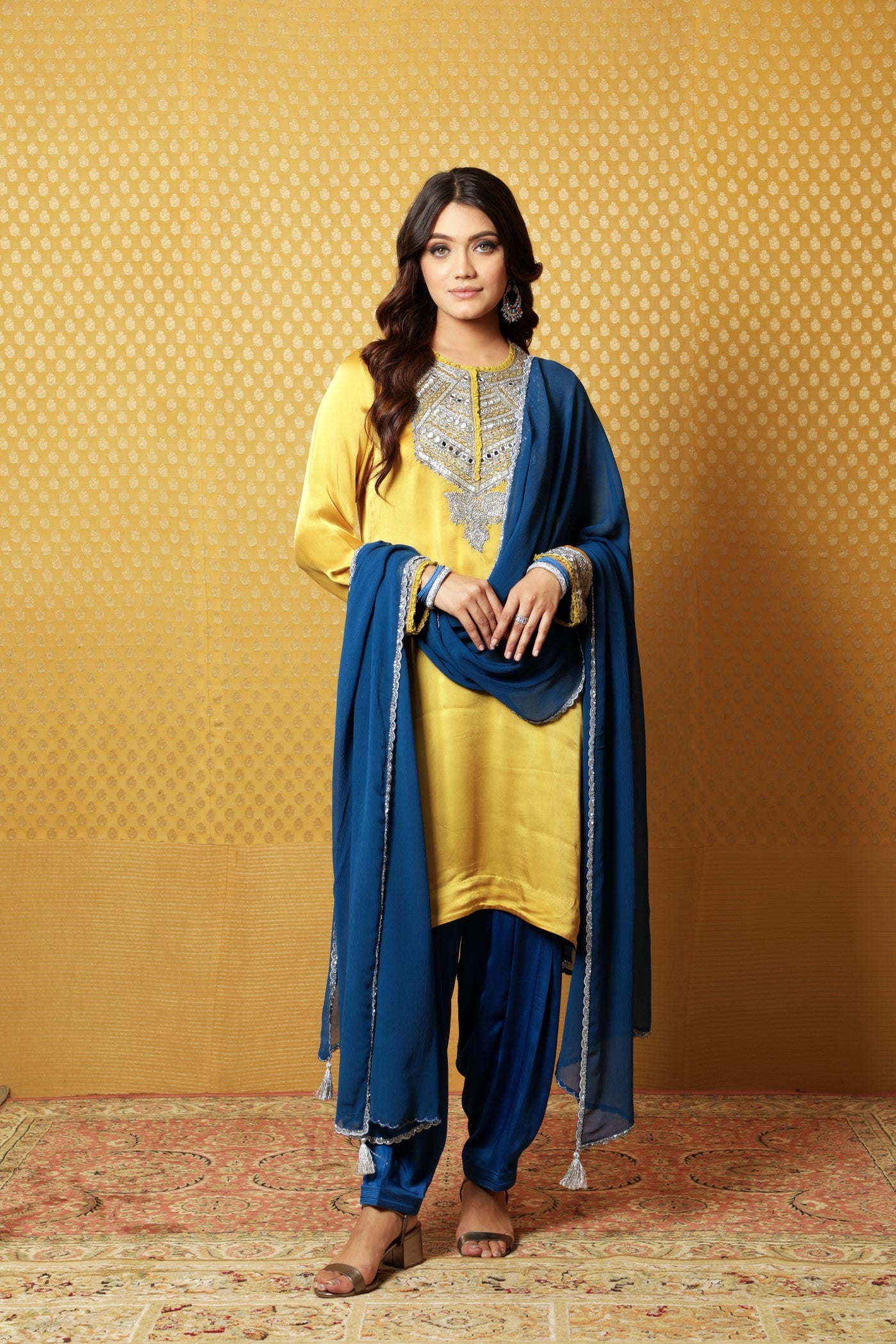 Hand-Embroidered Mustard Satin Kurta With Patiala Salwar Set