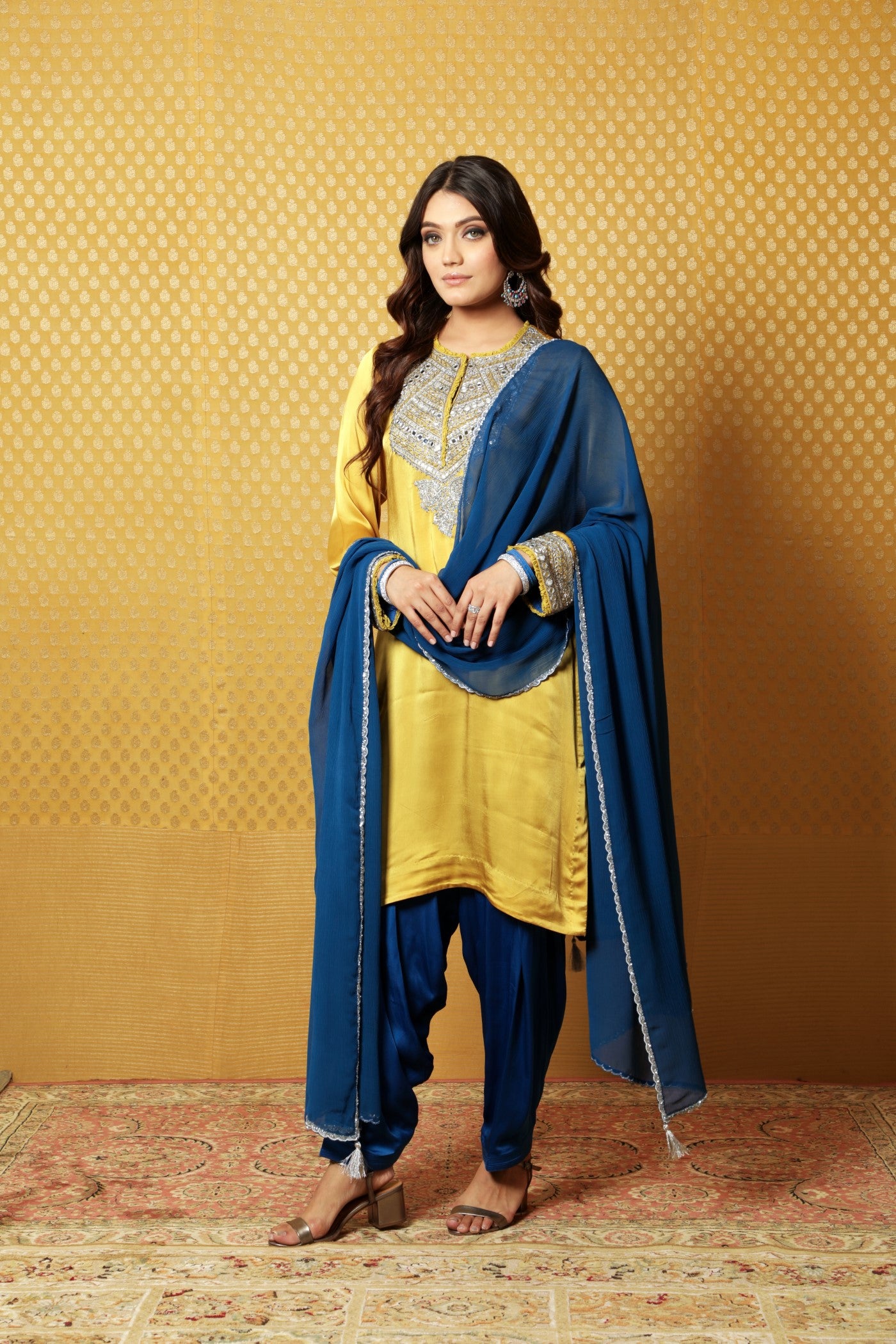 Hand-Embroidered Mustard Satin Kurta With Patiala Salwar Set