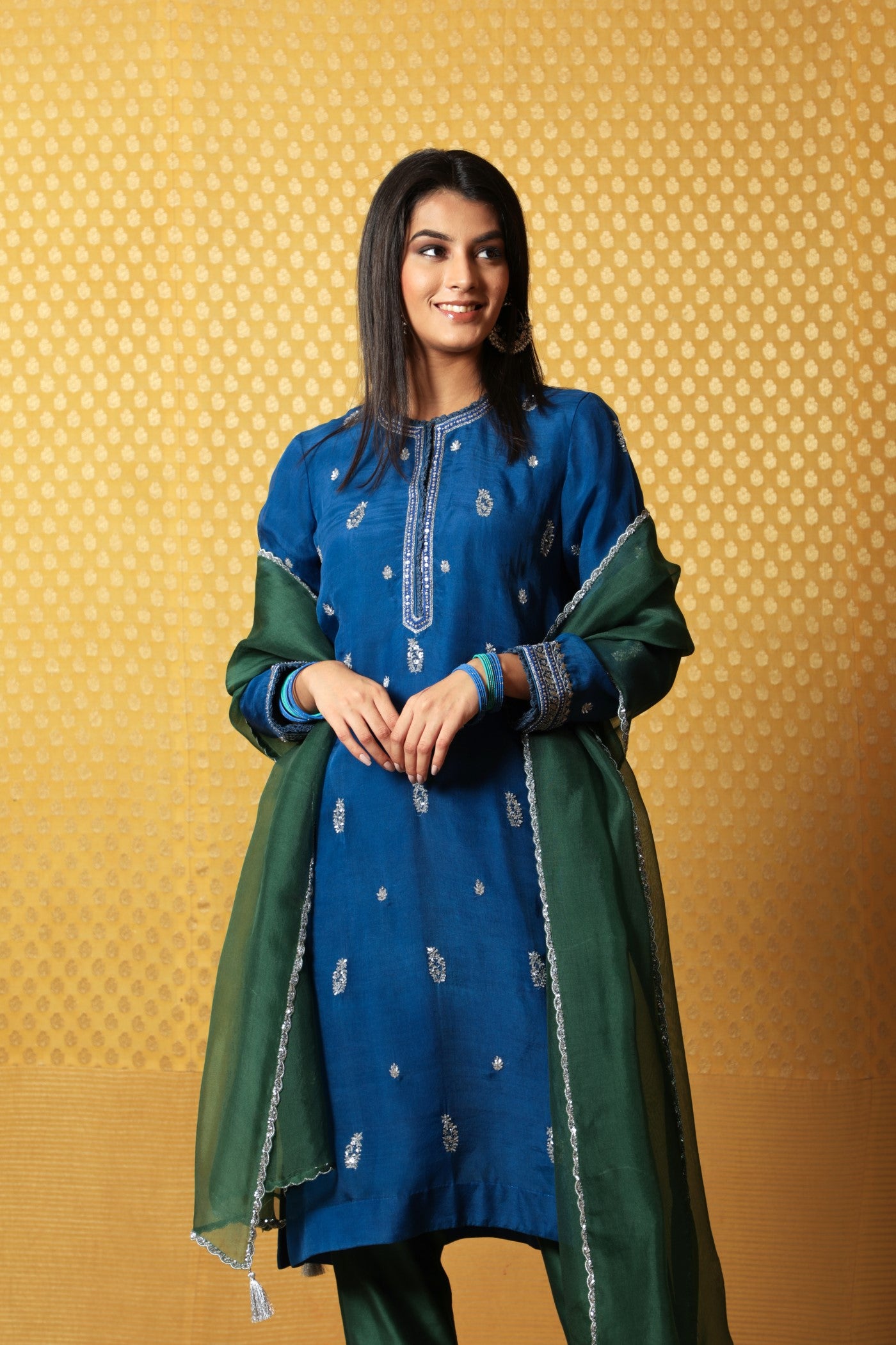 Hand-Embroidered Royal-Blue Pure Katan- Silk Kurta-Pants Set