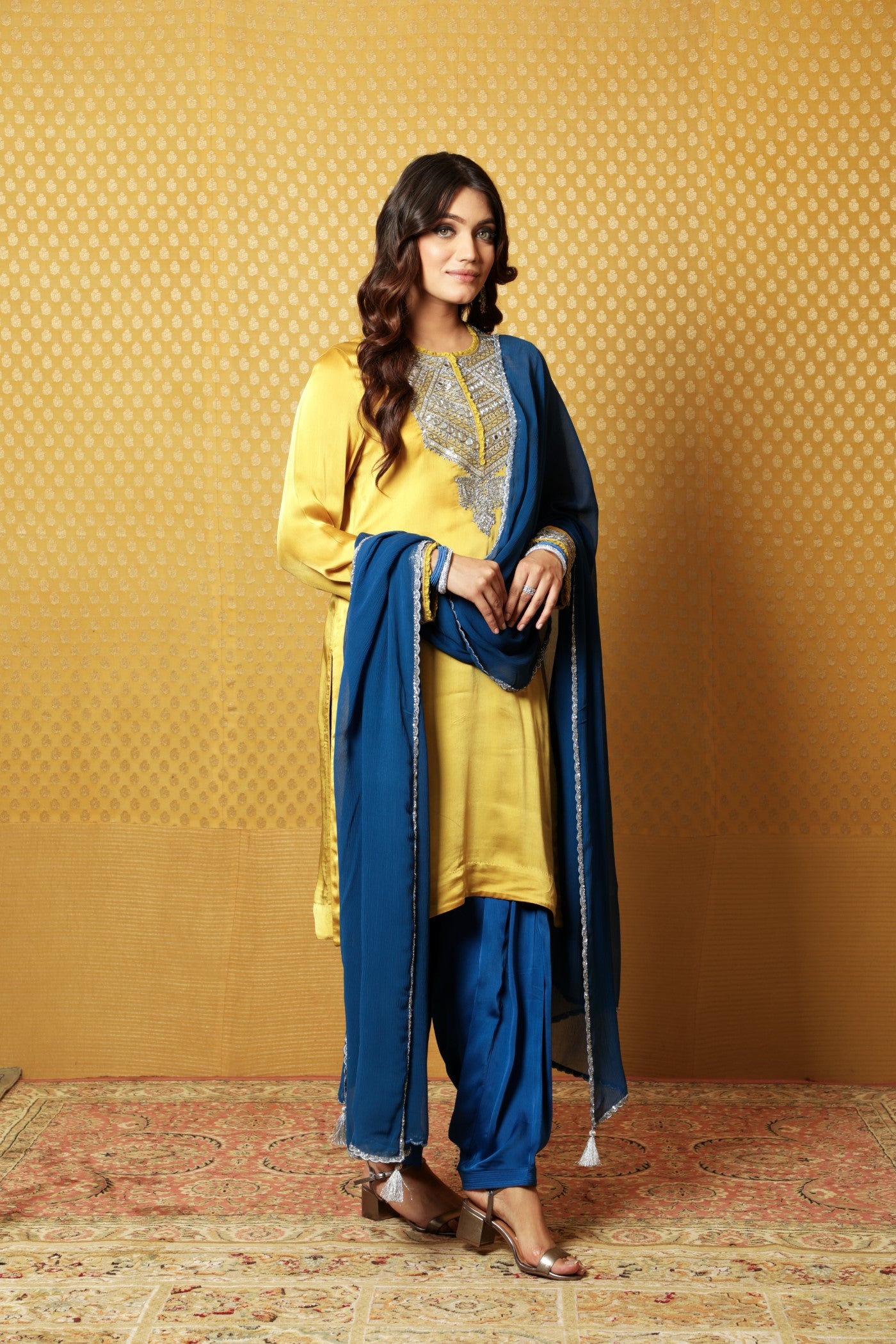 Hand-Embroidered Mustard Satin Kurta With Patiala Salwar Set