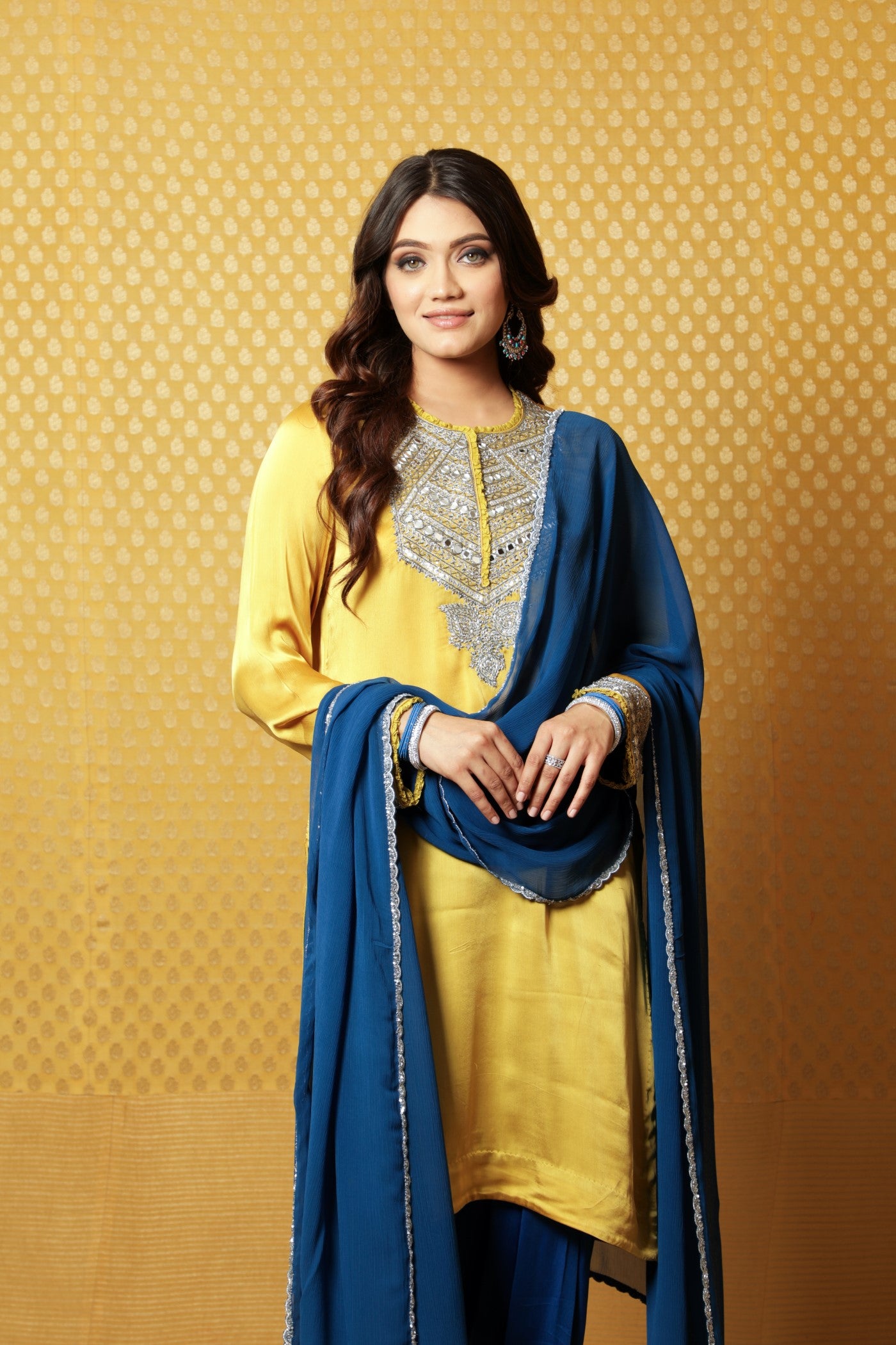Hand-Embroidered Mustard Satin Kurta With Patiala Salwar Set