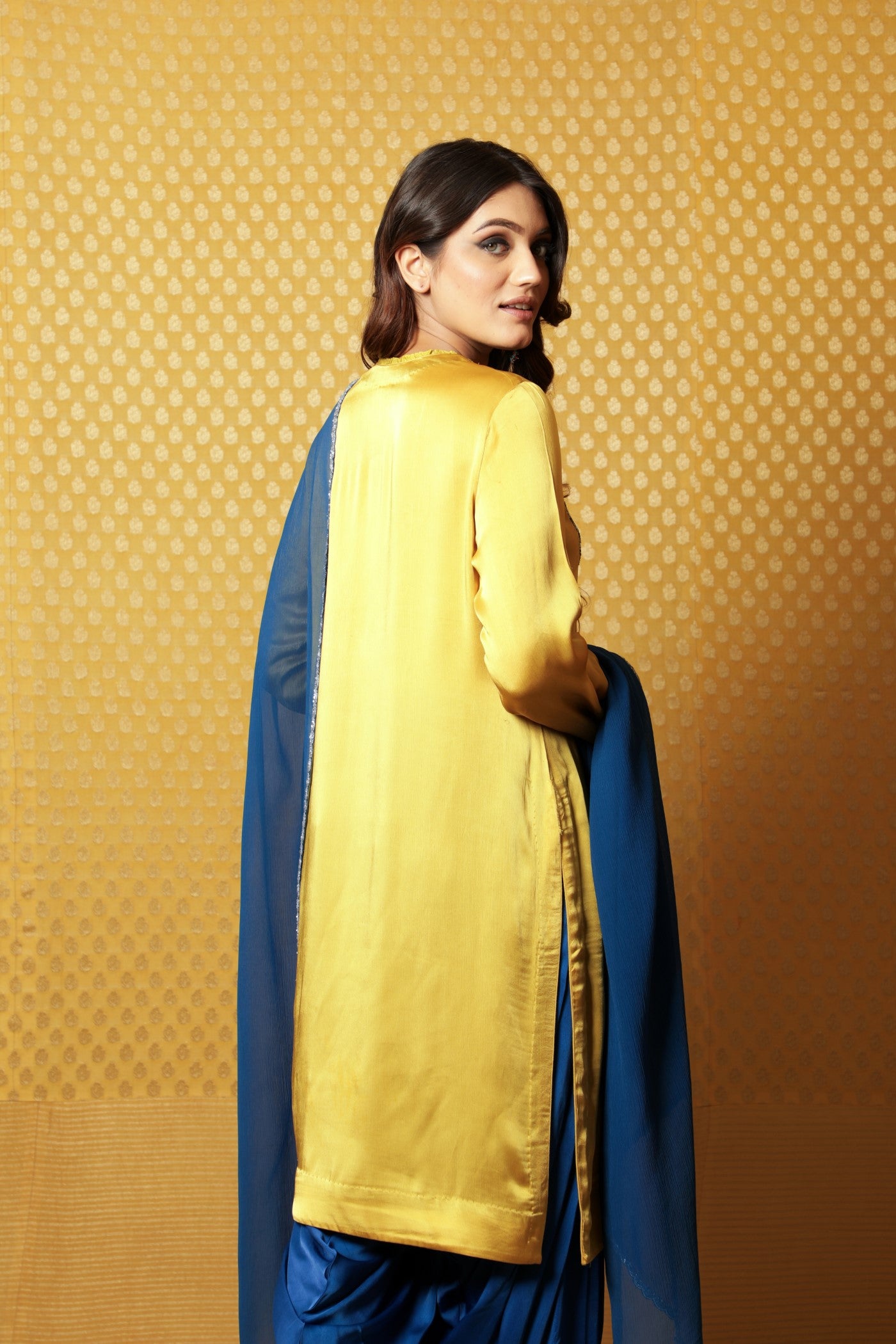 Hand-Embroidered Mustard Satin Kurta With Patiala Salwar Set