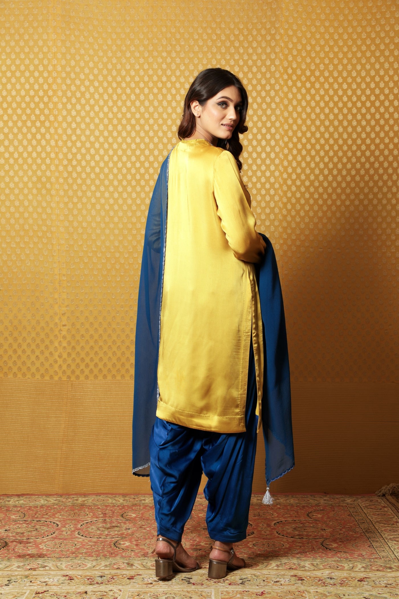 Hand-Embroidered Mustard Satin Kurta With Patiala Salwar Set