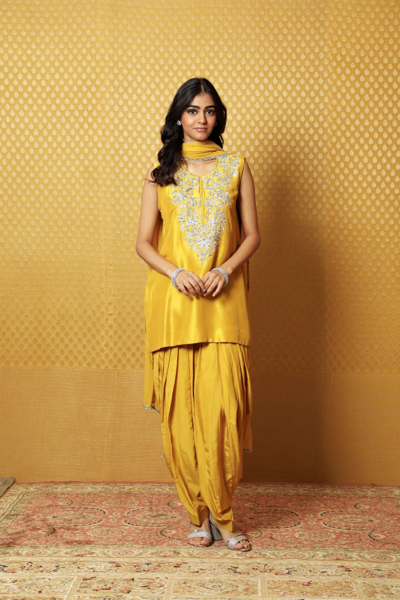 Hand-Embroidered Sulphur-Yellow Pure Raw-Silk Kurta-Patiala Salwar Set