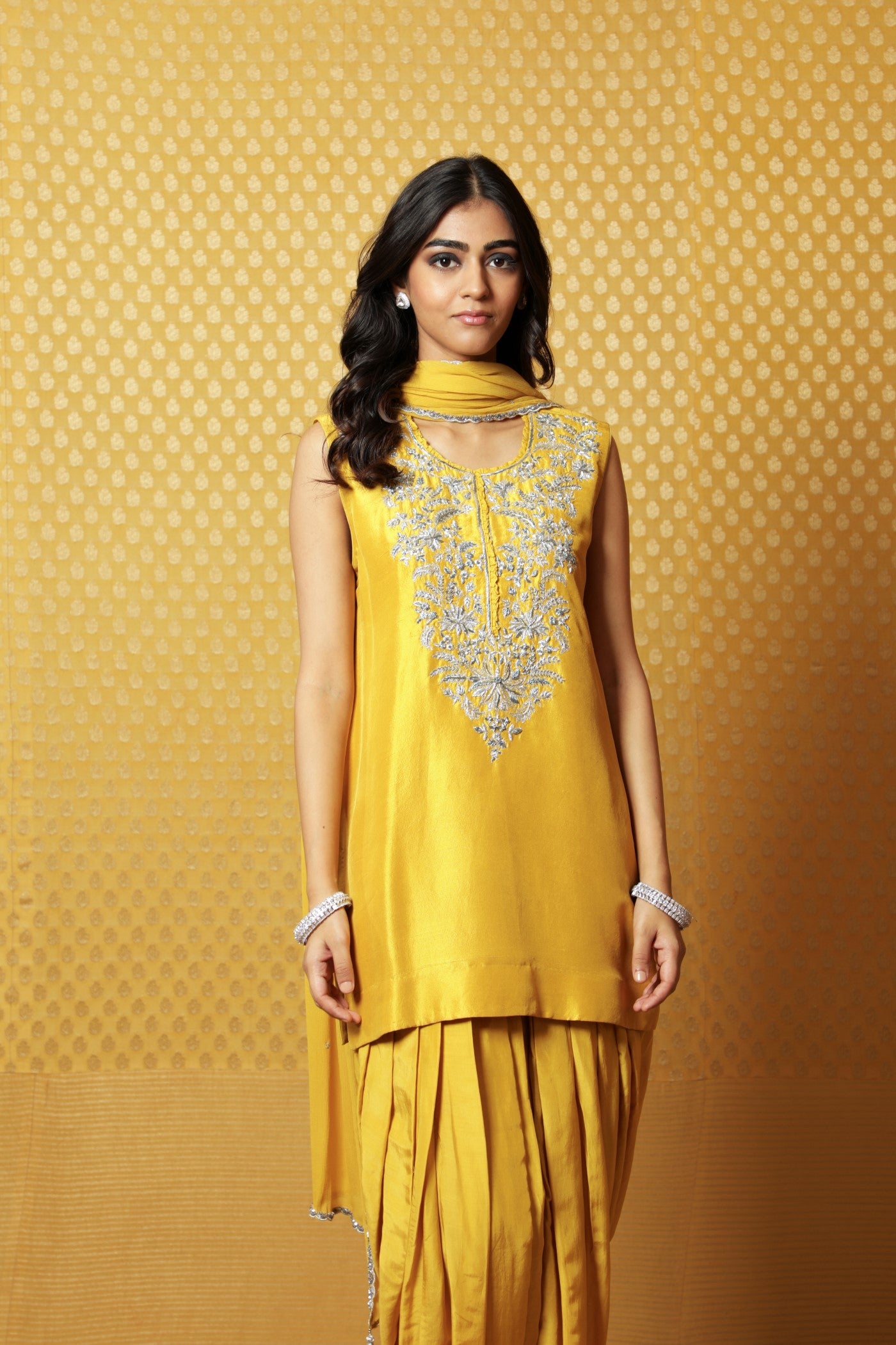 Hand-Embroidered Sulphur-Yellow Pure Raw-Silk Kurta-Patiala Salwar Set