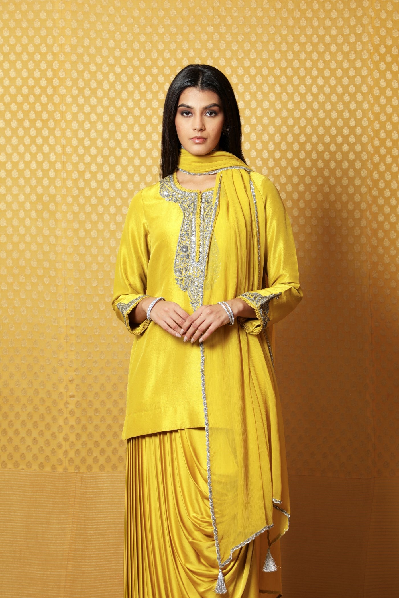 Dusty-Lime Hand-Embroidered Pure Silk Short Kurta-Draped Skirt Set