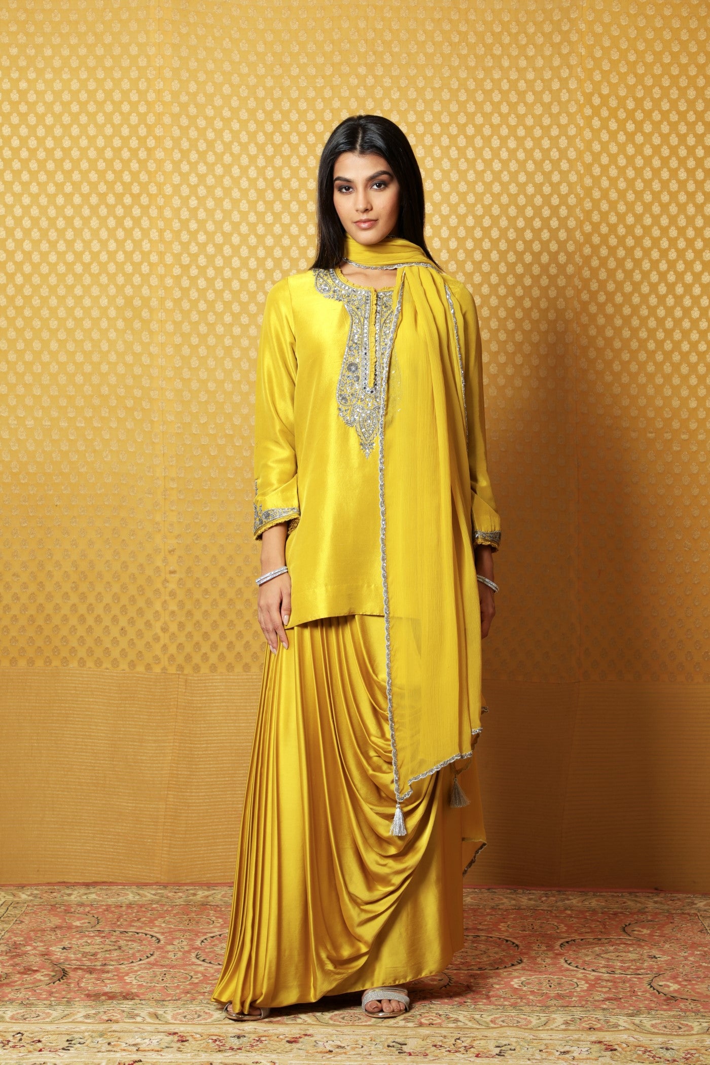 Dusty-Lime Hand-Embroidered Pure Silk Short Kurta-Draped Skirt Set