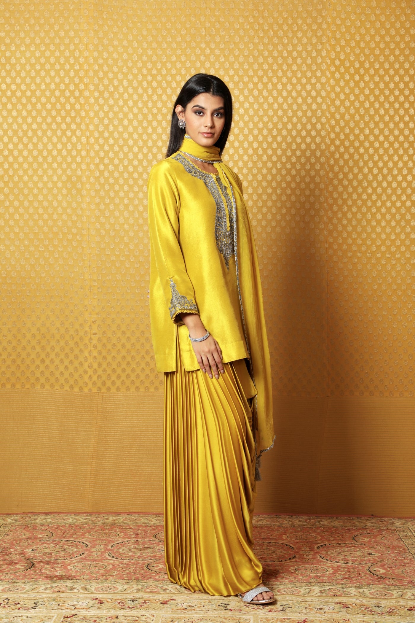 Dusty-Lime Hand-Embroidered Pure Silk Short Kurta-Draped Skirt Set