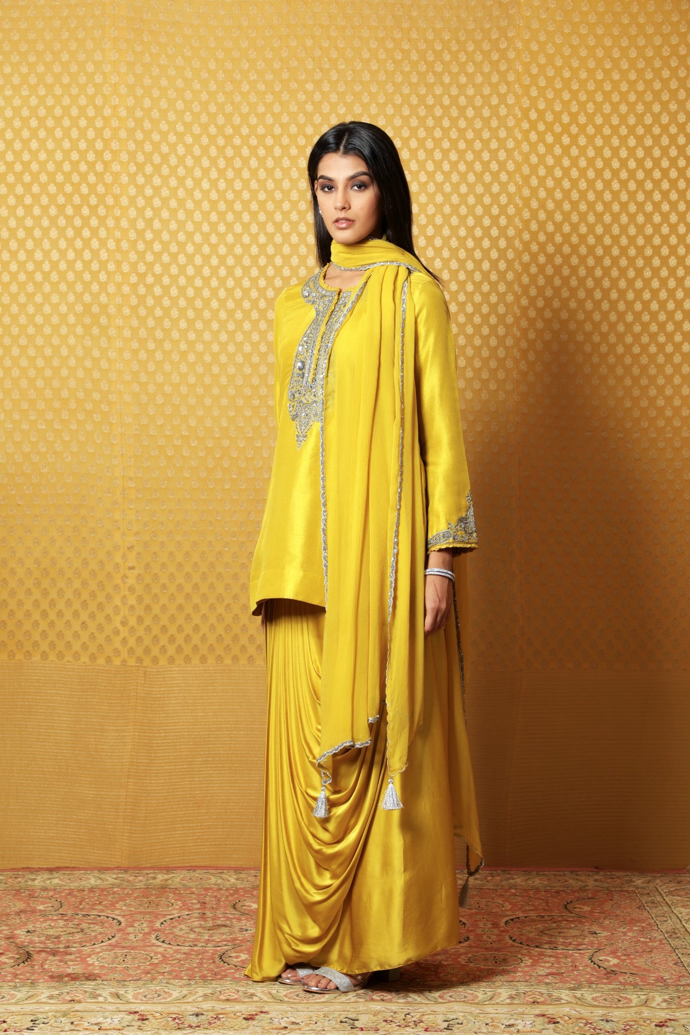 Dusty-Lime Hand-Embroidered Pure Silk Short Kurta-Draped Skirt Set
