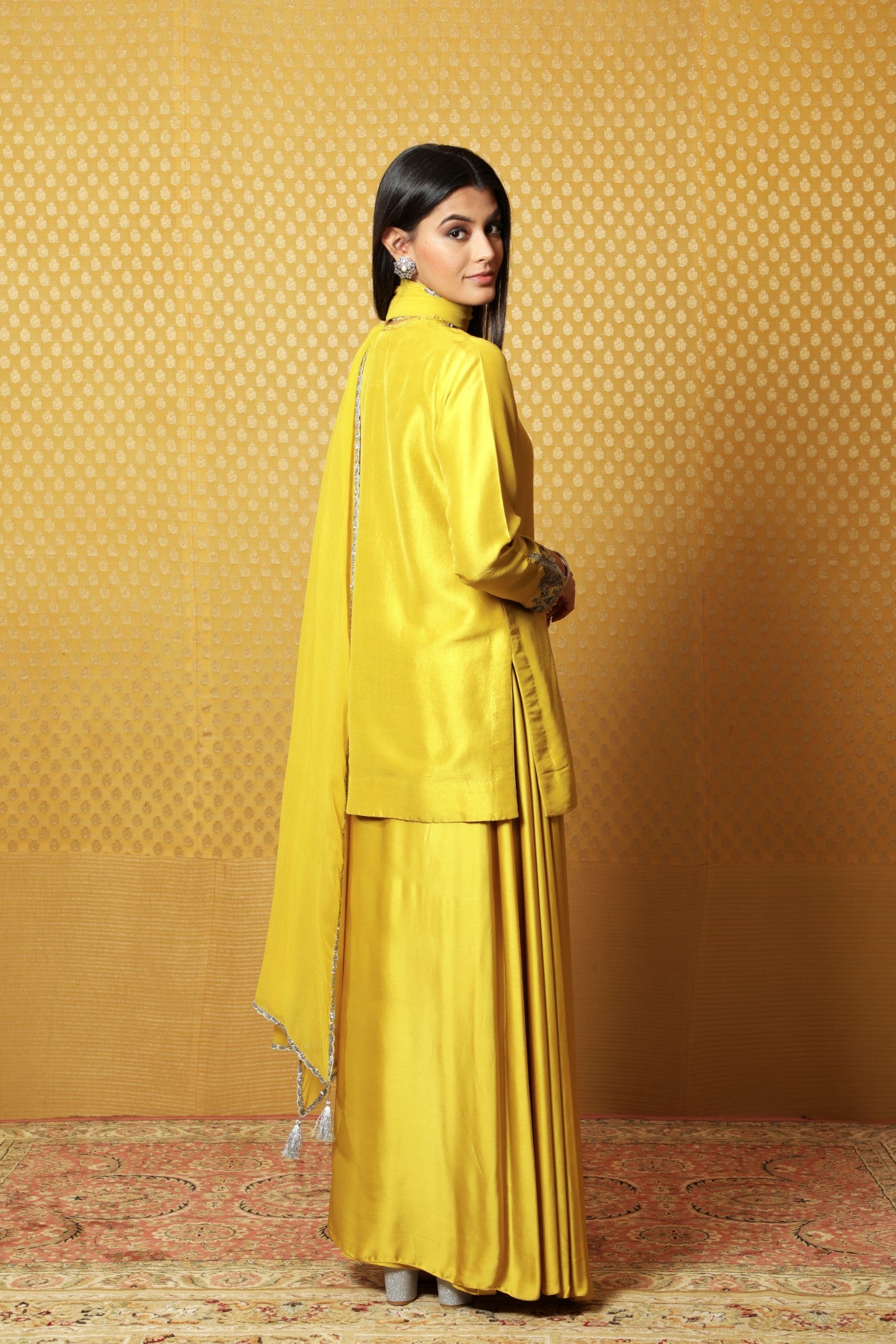 Dusty-Lime Hand-Embroidered Pure Silk Short Kurta-Draped Skirt Set